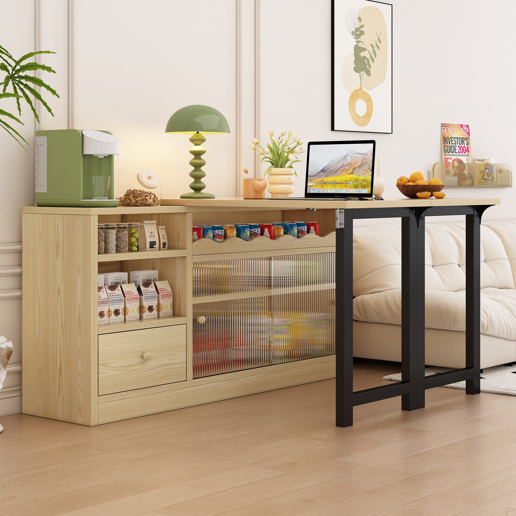 STILVORA Bartisch mit Tischplatte ausziehbar,Küchenschrank Bartisch mit Schublade (Ausziehbarer Klapp-Esstisch, 3 Raumschichten, 1 Schublade, 3 offenen Gitter, 2 Glasschiebetür), 360° drehbar, mit Klappbarer Esstisch