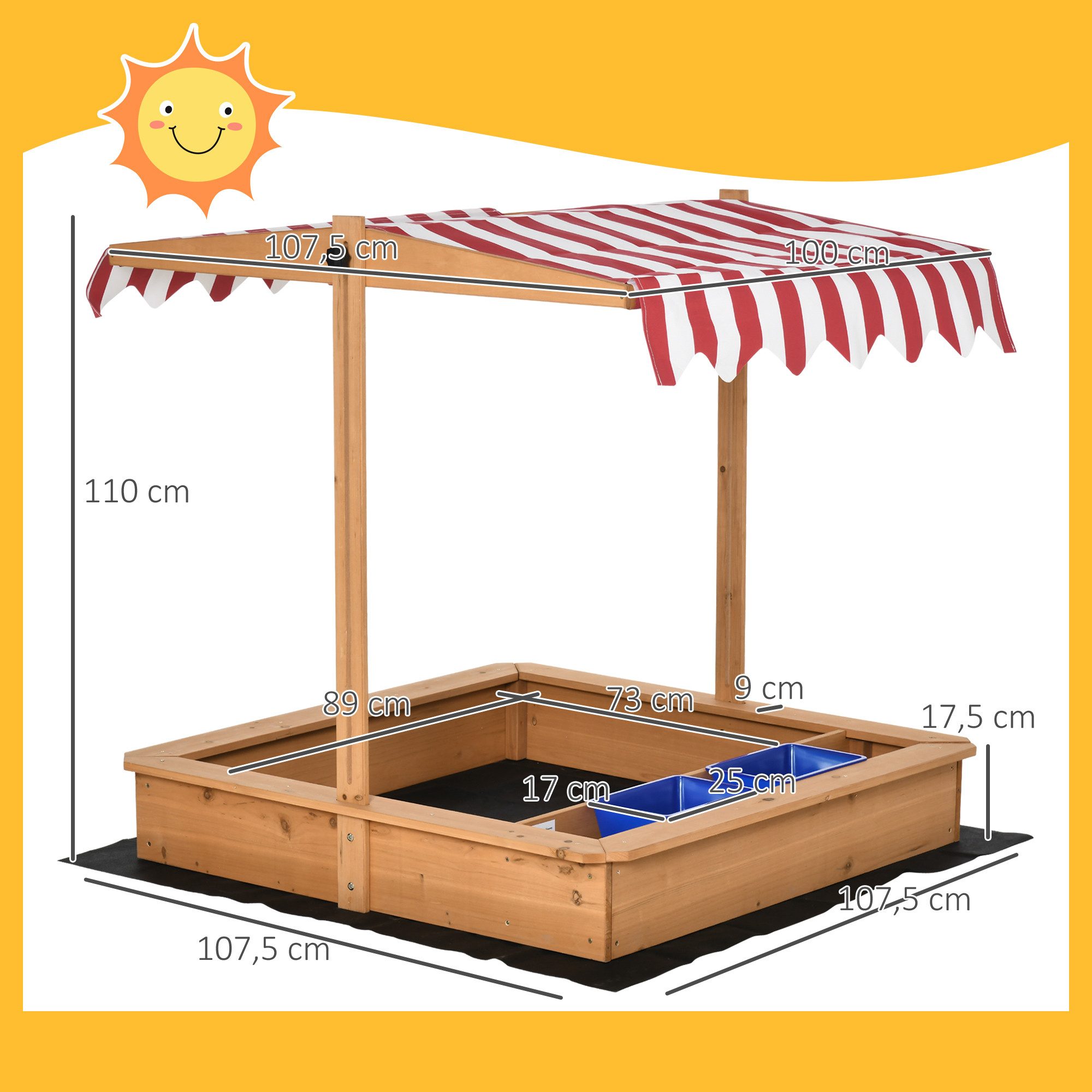 Outsunny Sandkasten mit Abdeckung Dach, (Sandmuschel, 1-tlg., Sandkiste), für Garten, Balkon, Gelb