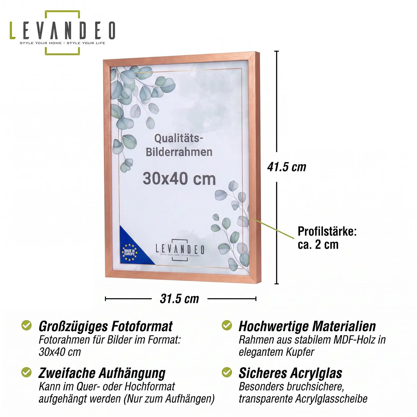 Levandeo® Bilderrahmen, Bilderrahmen 30x40 cm Kupfer MDF Holz Fotorahmen Posterrahmen Wanddeko