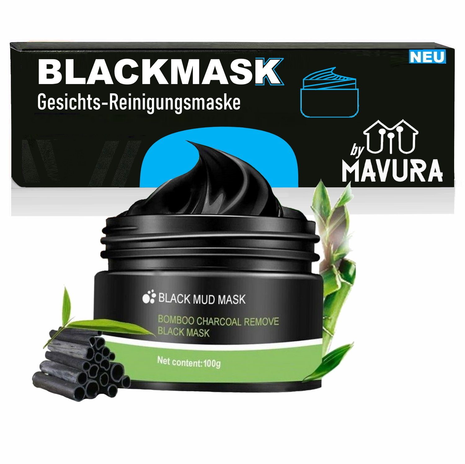 MAVURA Gesichts-Reinigungsmaske BLACKMASK Blackhead Mask schwarze Bambus Gesichtsmaske 1KG/148€, Anti Pickel Mitesser Gesichts Peel Off Peeling Aktivkohle