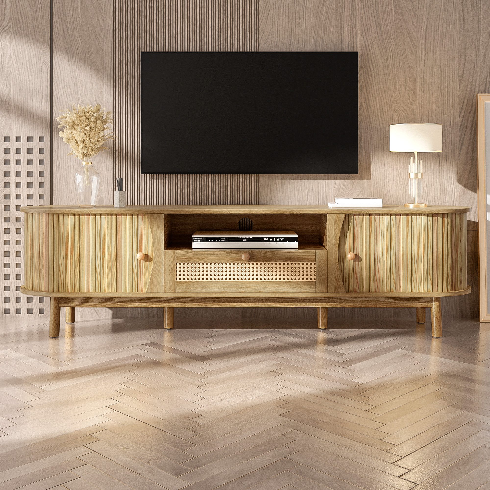 Merax Lowboard mit Schubladen mit Rattan-Oberflächen (Fernsehschrank im Landhausstil, 1 St), TV-Schrank mit 2 Schiebetüren, Staufächern & Holzfüße, 165x37x46cm