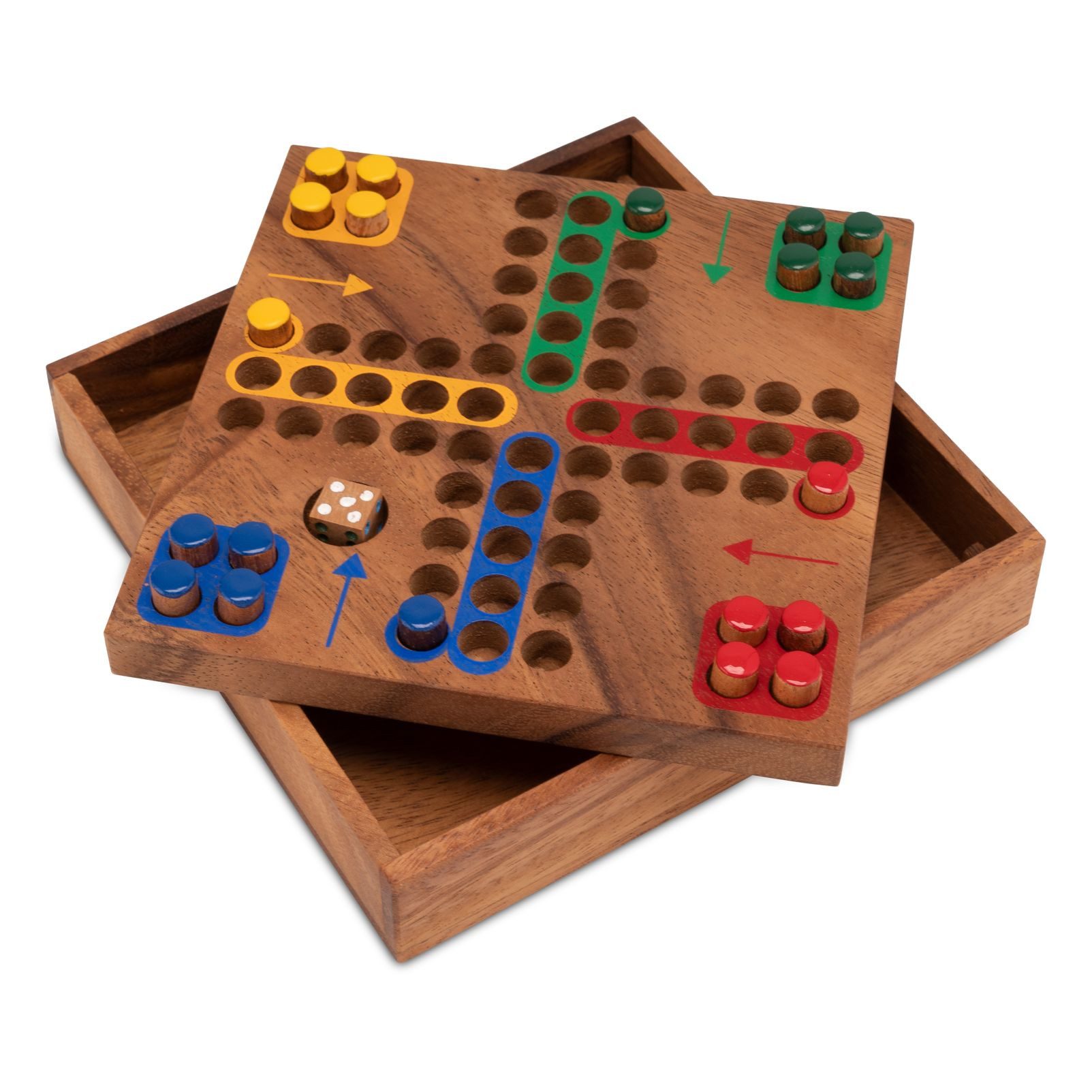 LOGOPLAY Spiel Ludo Gr. M mit Steckern, Gesellschaftsspiel, LUDO M der Klassiker in kompakter Holz-Ausführung für unterwegs und