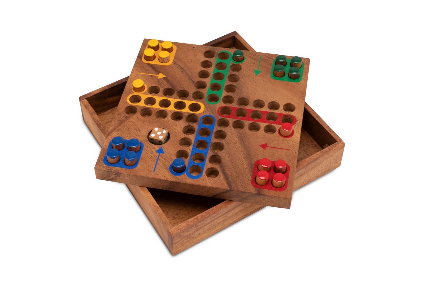 LOGOPLAY Spiel Ludo Gr. M mit Steckern, Gesellschaftsspiel, LUDO M der Klassiker in kompakter Holz-Ausführung für unterwegs und