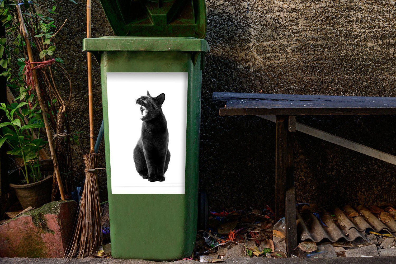 Wandsticker Mülltonne, MuchoWow - Mülleimer-aufkleber, weiß Sticker, Container, Katze Gaping St), schwarze schwarz Abfalbehälter und (1
