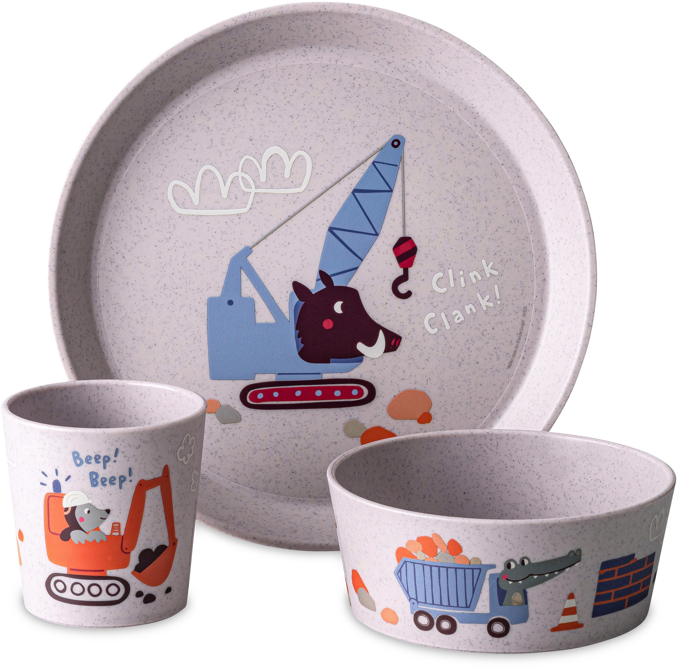 KOZIOL Kindergeschirr-Set Kleiner Teller + Schale + Becher CONNECT TRUCKS (3-tlg), 1 Personen, Kunststoff, in Deutschland produziert
