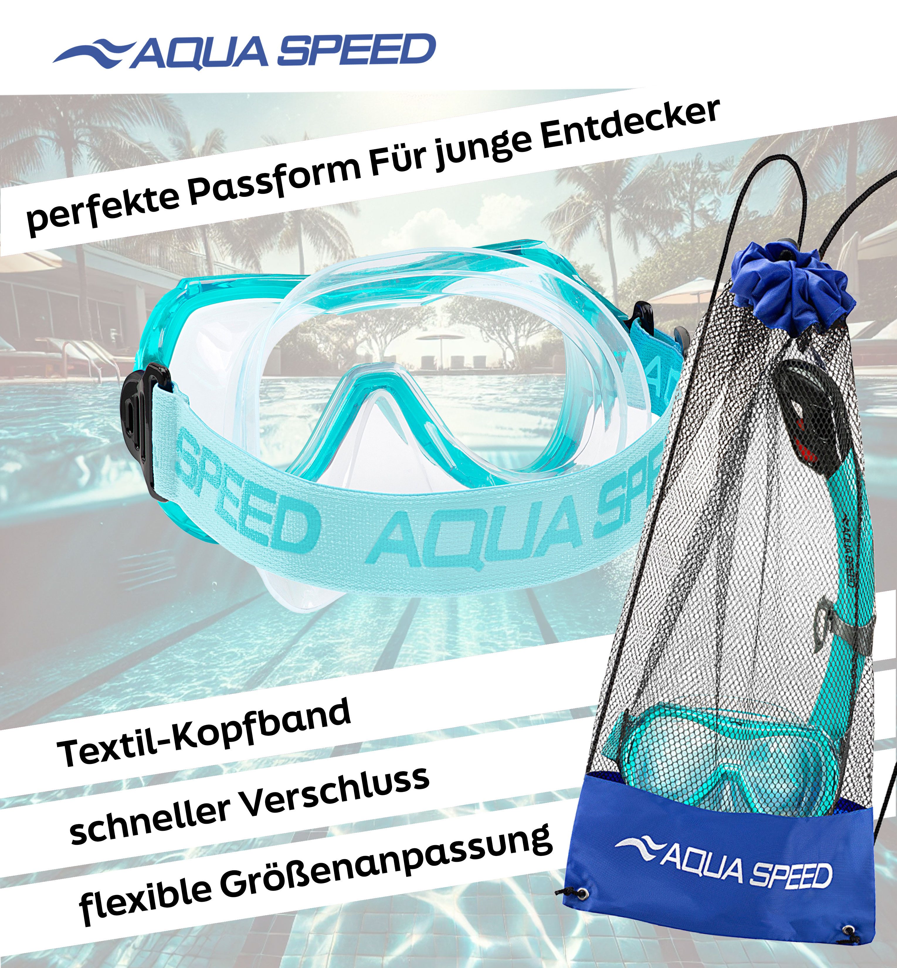Aqua Speed Schnorchel Schnorchelset ALIZE + SAMOS Tauchmaske für Kinder, mit Netzbeutel (Kinderschnorchelset mit Maske und Schnorchel im Netzbeutel), EASY-ADJUST Kopfband für sicheren und bequemen Sitz