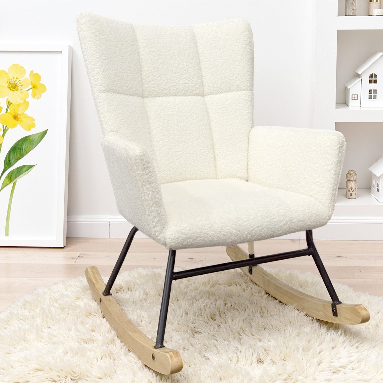 oyajia Schaukelstuhl Stillsessel Relaxsessel Loungesessel (Mit Holzkufen Wohnzimmersessel für Schlafzimmer Kinderzimmer,Teddysamt), Metallgestell Holzsockel – Bild 3 von 5