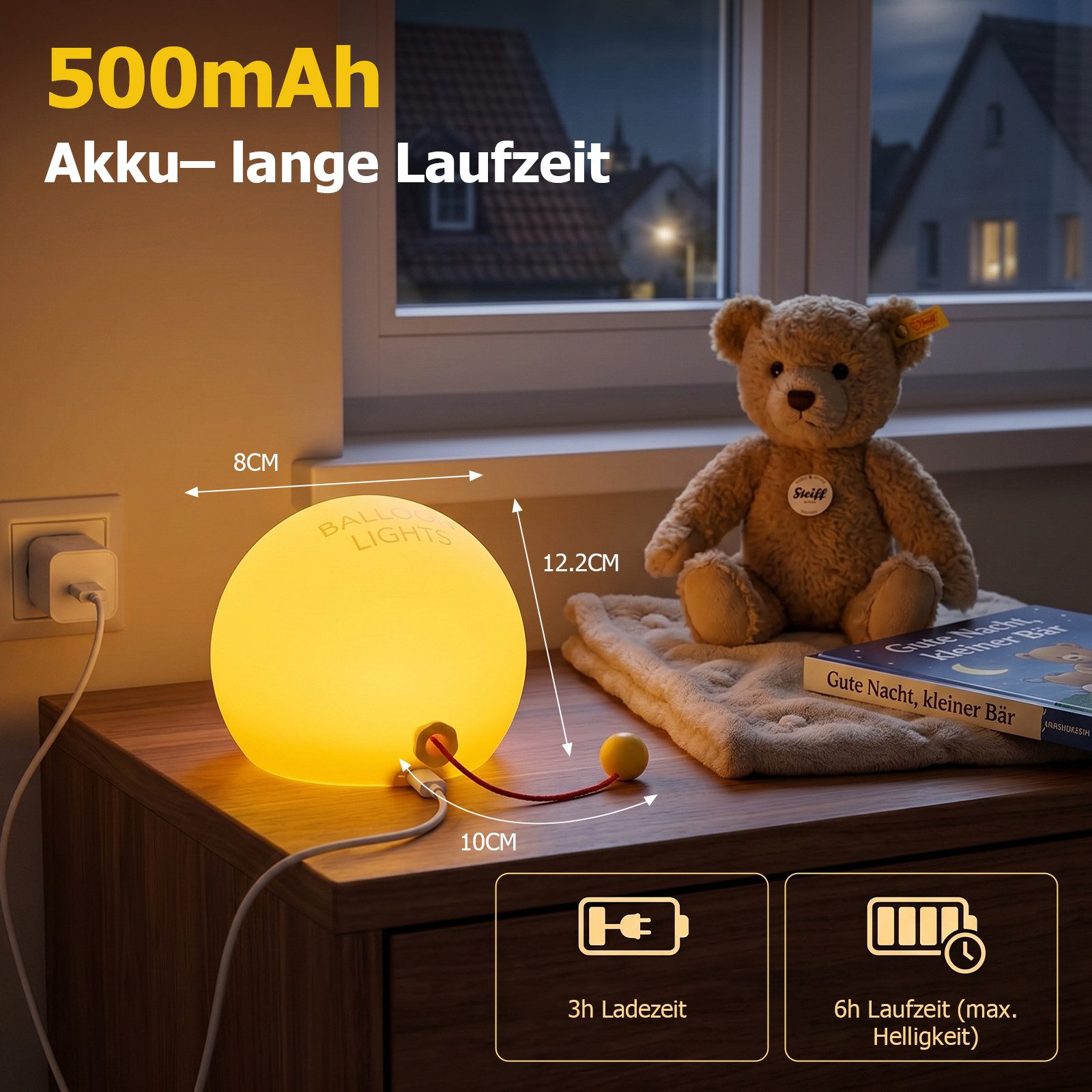 ANYSUN LED Nachtlicht Kinder Silikon Ballon Nachtlampe mit Zugschalter und 1200 mAh Akku, LED fest integriert, Warmweiß, dimmbar, selbstklebend für Kinderzimmer – Bild 5 von 5