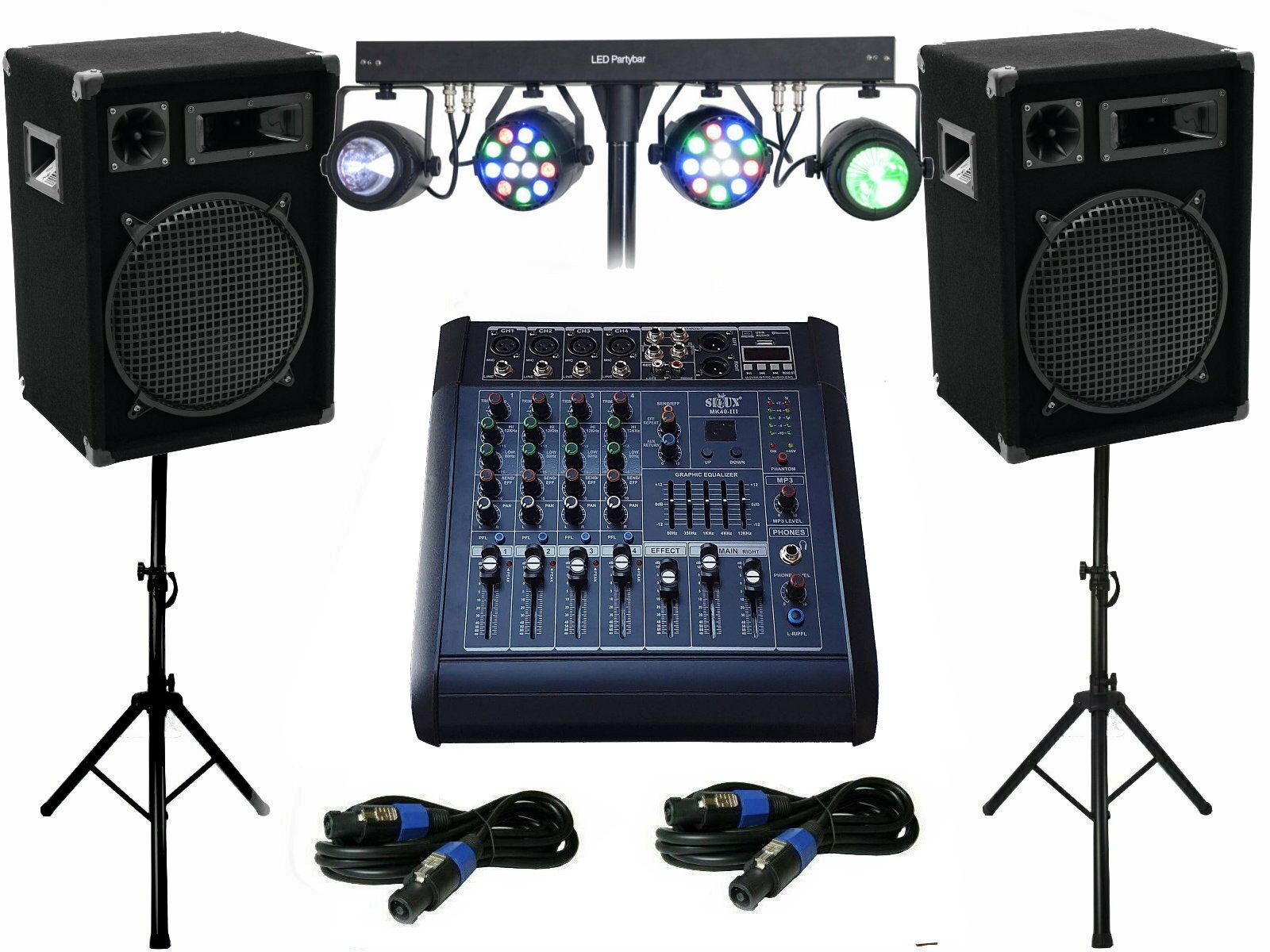 Powermixer Musik Anlage Lichtset Boxen Stativ Kabel 1800 Watt Party-Lautsprecher
