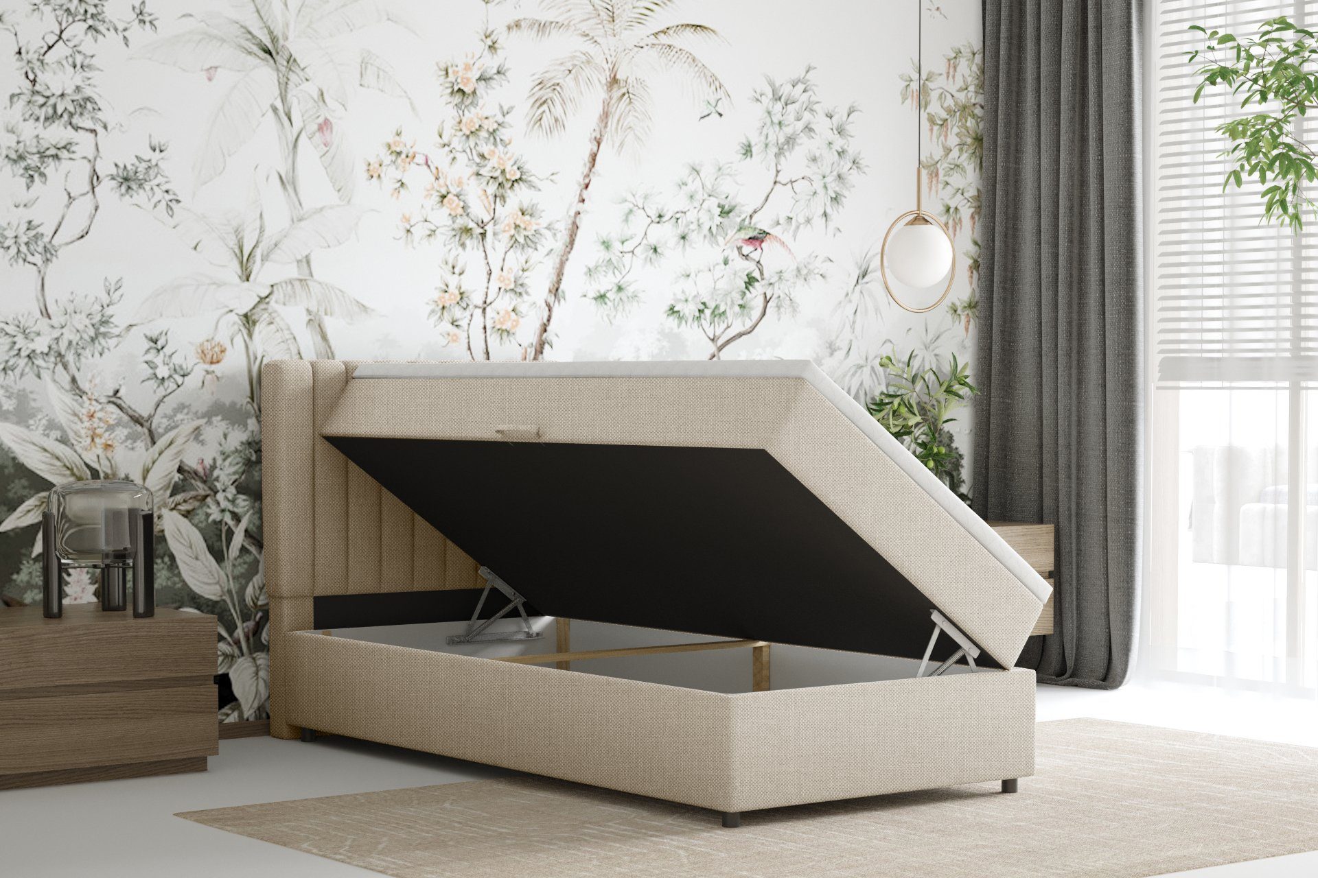 Homesy Boxspringbett EVEREST – Komfortables Einzelbett im modernen Trenddesign (Bett inkl. einem Bettkasten und Topper), Große Auswahl an Polsterfarben