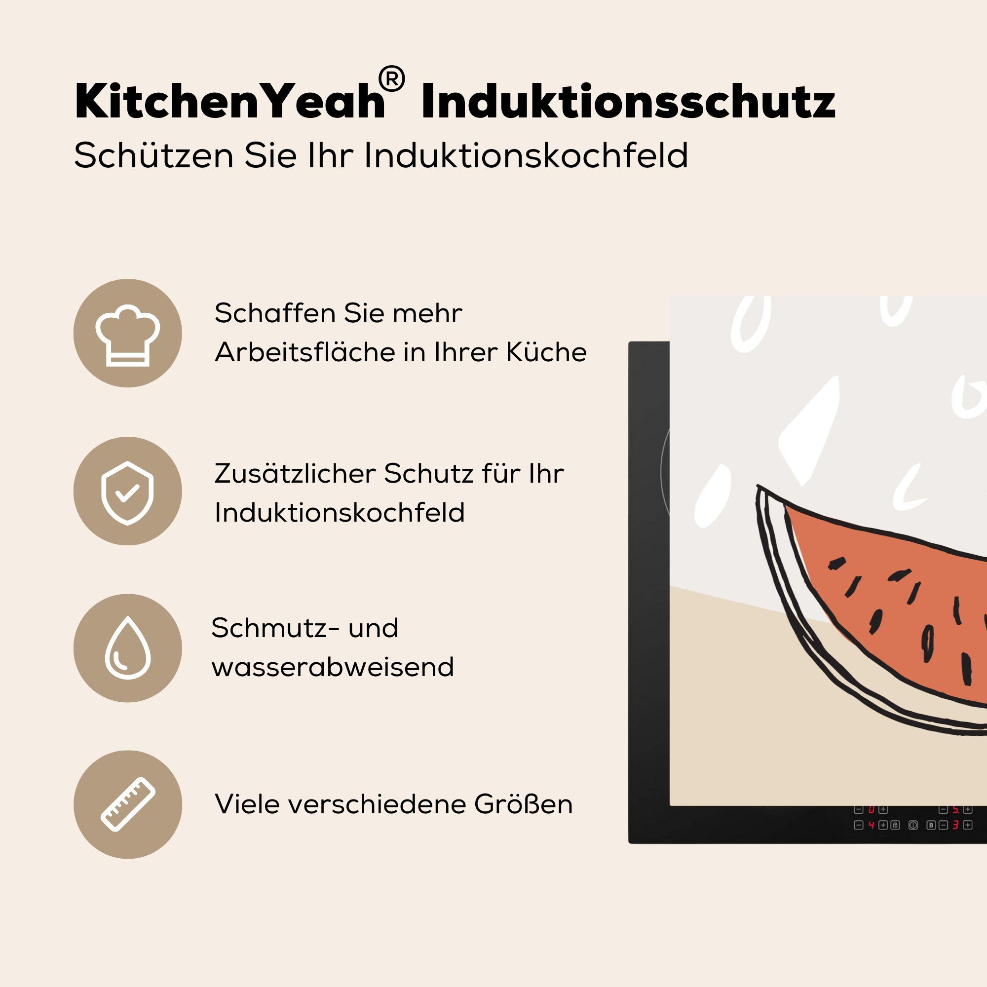 MuchoWow die Schutz - - küche, Rot, Ceranfeldabdeckung tlg), Sommer cm, Induktionskochfeld (1 81x52 Melone Herdblende-/Abdeckplatte für Vinyl,