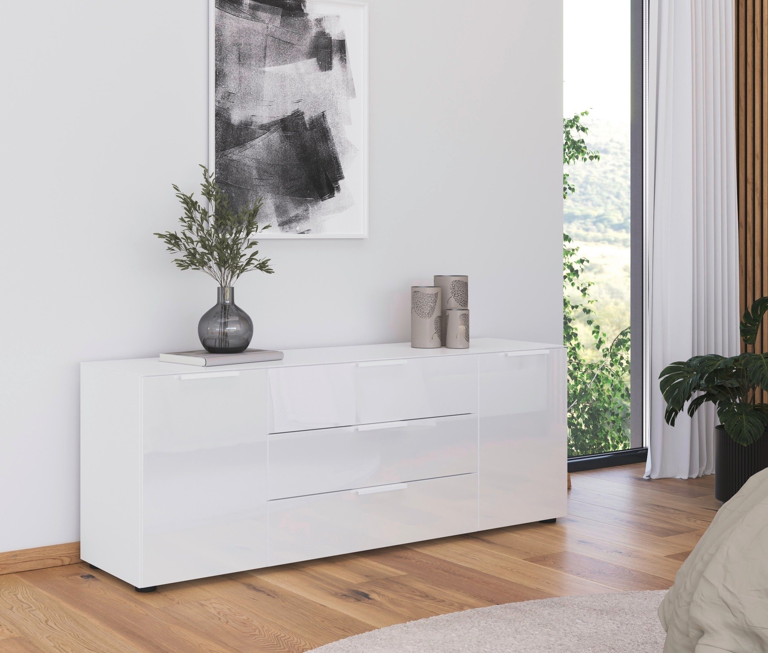 rauch Kombikommode Kommode Türkommode Sideboard Kombikommode FLIPP mit Glasfront (Breite 160 cm mit 2 Einlegeböden), 2-türig, 3 Schubladen, Soft-Close-Funktion, Oberboden und Front Glas