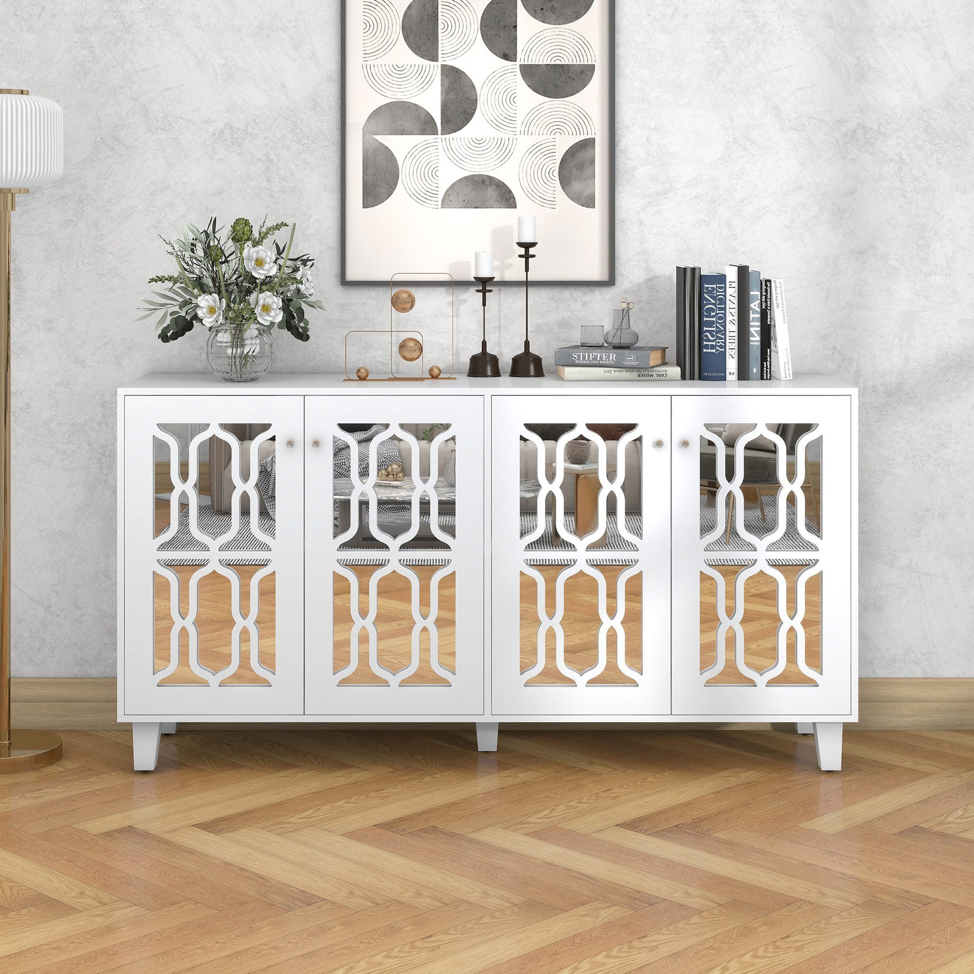 OYRREU Anrichte Sideboard mit 4 verspiegelten Türen & Kristallgriffen, 160 cm, Breite 160cm