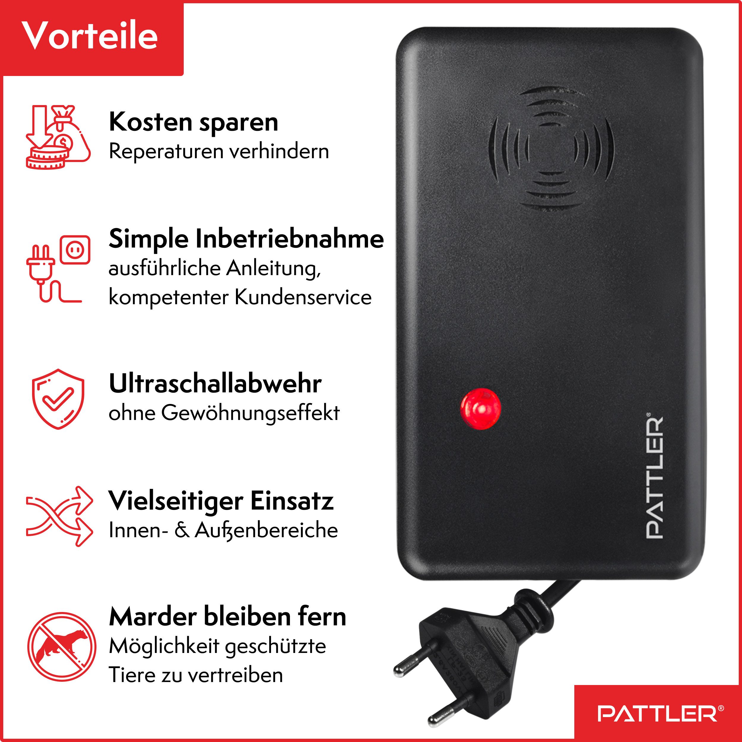 Pattler Ultraschall-Tierabwehr Marderschreck mit Hochfrequenztönen, 2 Geräte für ca. 120 m² – Bild 3 von 5
