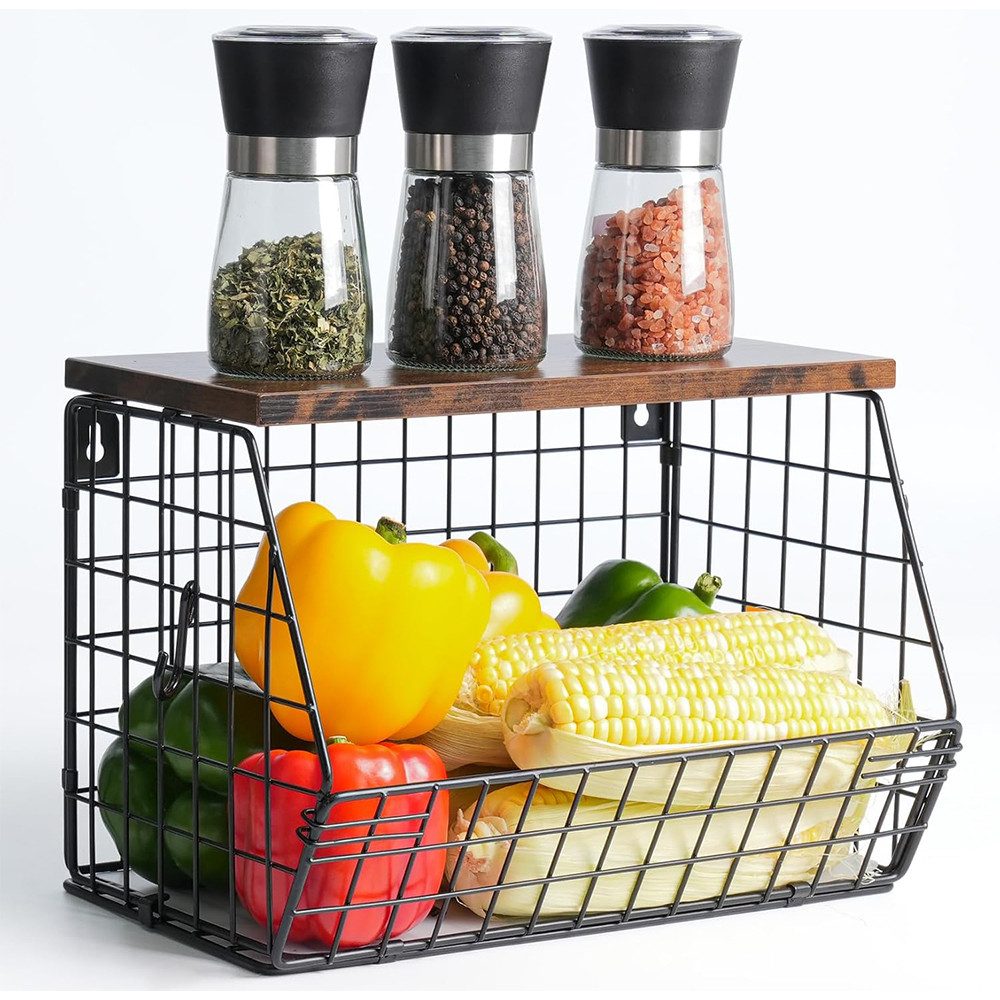 TUWENA Obstschale Obstkorb Hängend, Obst Gemüse Aufbewahrung, Wand Stapelbar Obstschale, (1-tlg), Mit Holzdeckel und Haken, zur Aufbewahrung Von Gemüse, Obst Und Snack