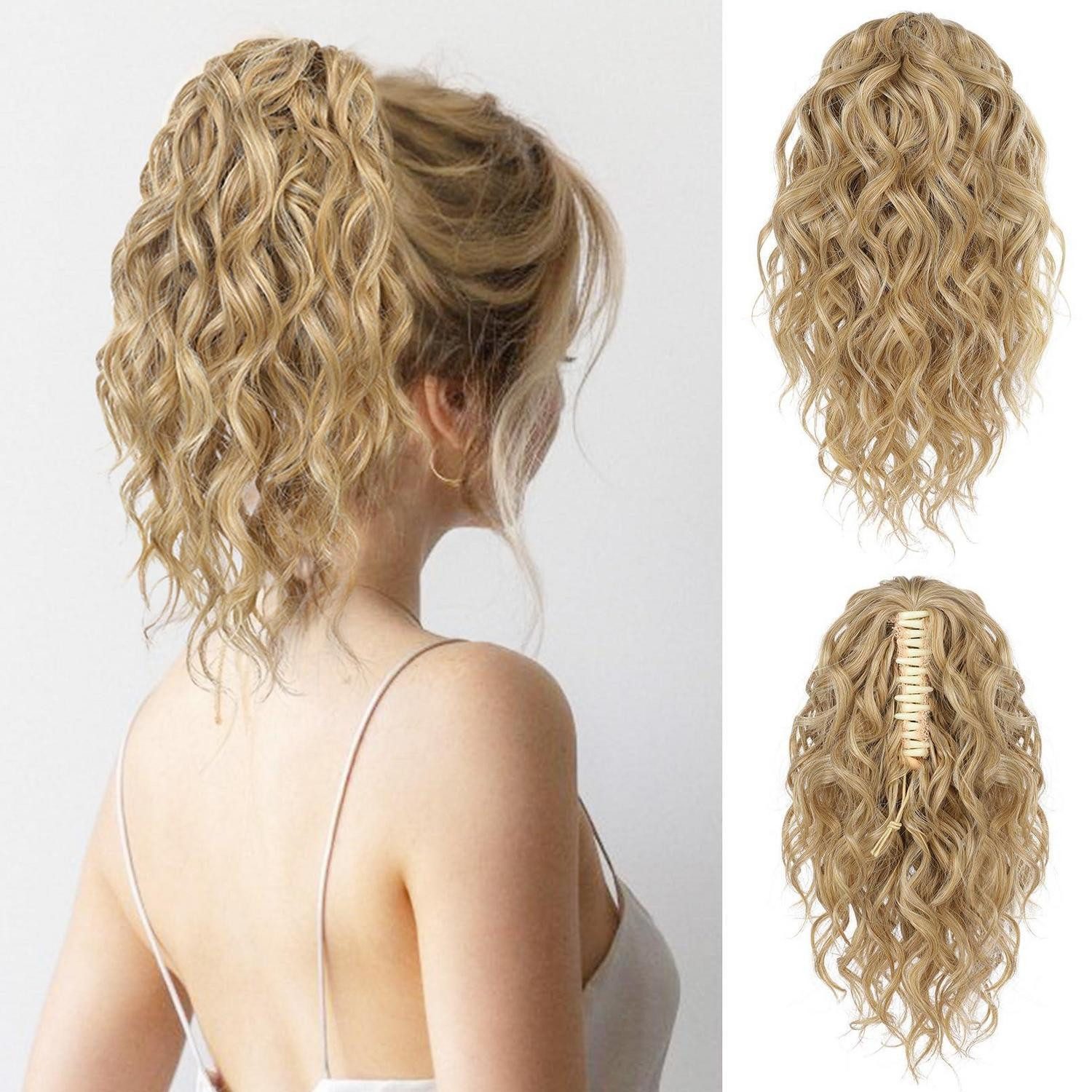 LuxusKollektion Kunsthaar-Extension Pferdeschwanz Haarverlängerung gewellt 31 CM Goldblond mit Highlights