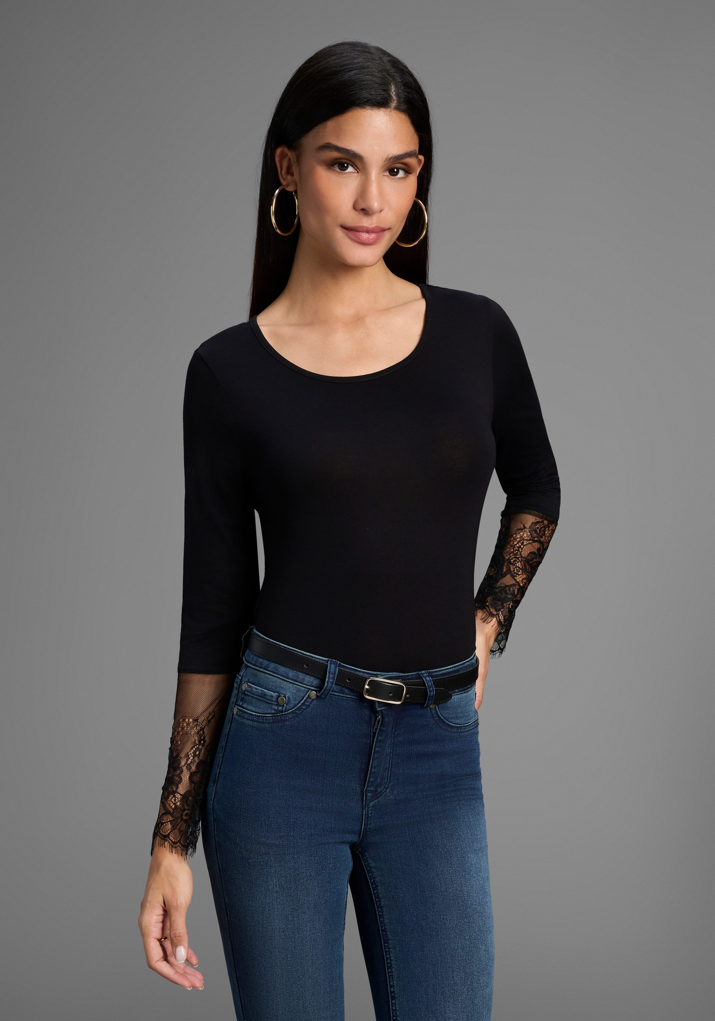 Melrose Langarmshirt taillierte Passform, aus Jersey und Spitze günstig online kaufen