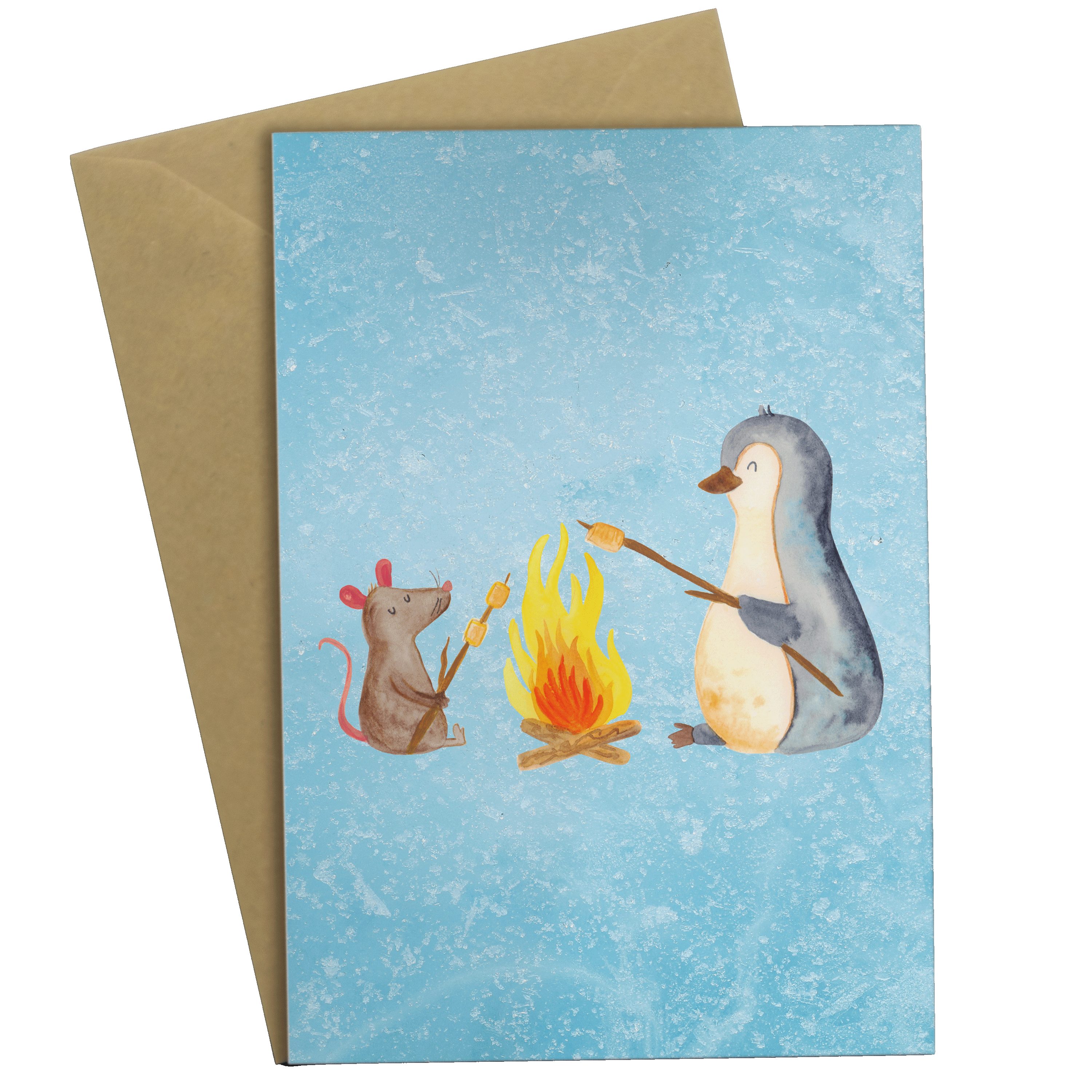 Mr. & Mrs. Panda Grußkarte Pinguin Lagerfeuer - Eisblau - Geschenk, Karte, grillen, Arbeit, Klap