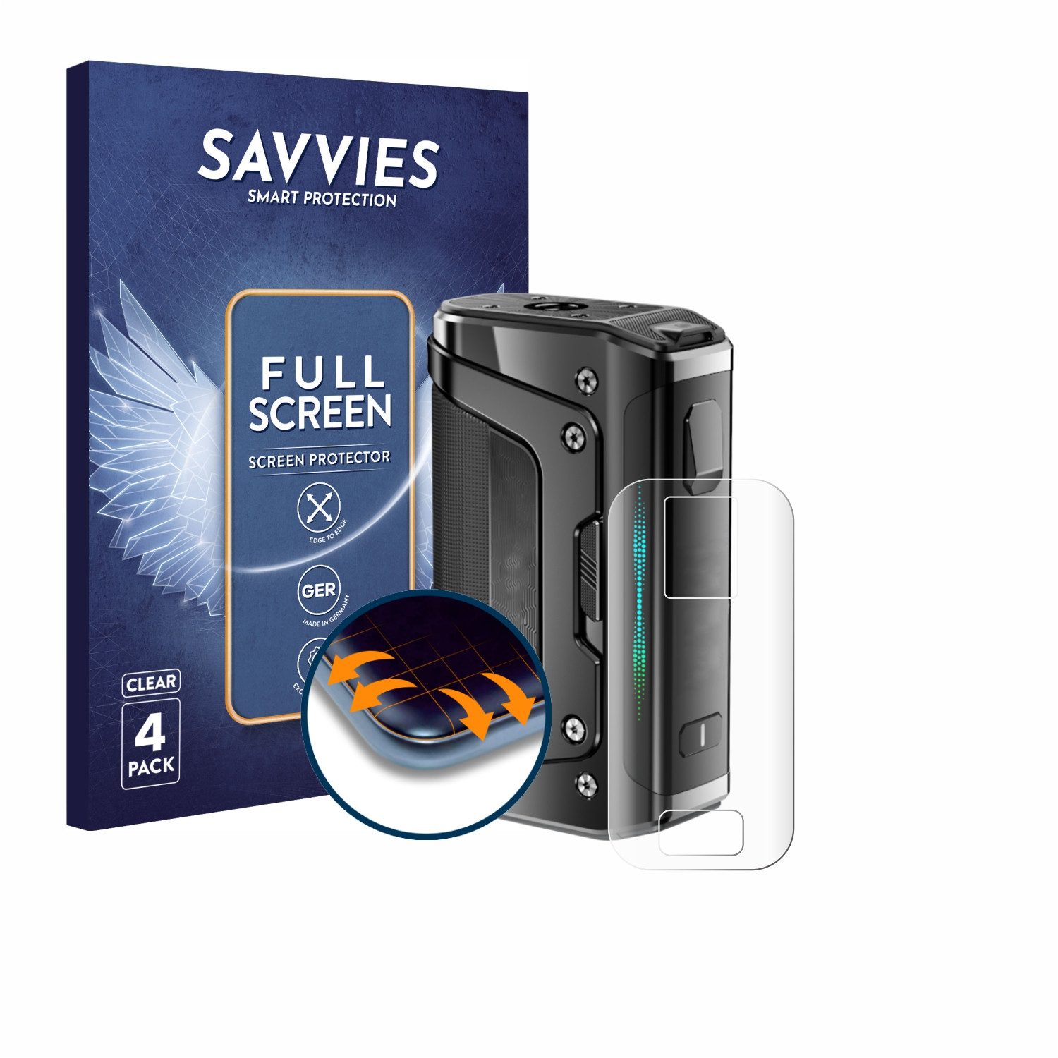 Savvies Displayschutzfolie Fullscreen Schutzfolie für GeekVape Aegis Legend 5, 4 Stück, Displayschutz Folie Fullcover Klar Transparent