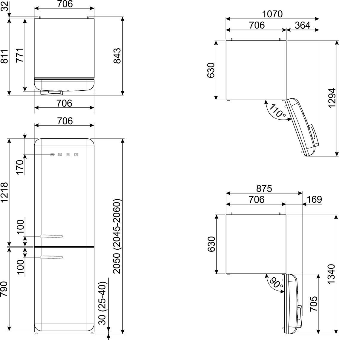 hoch, cm 70,6 Smeg 205 cm Kühl-/Gefrierkombination FAB38RRD5, breit