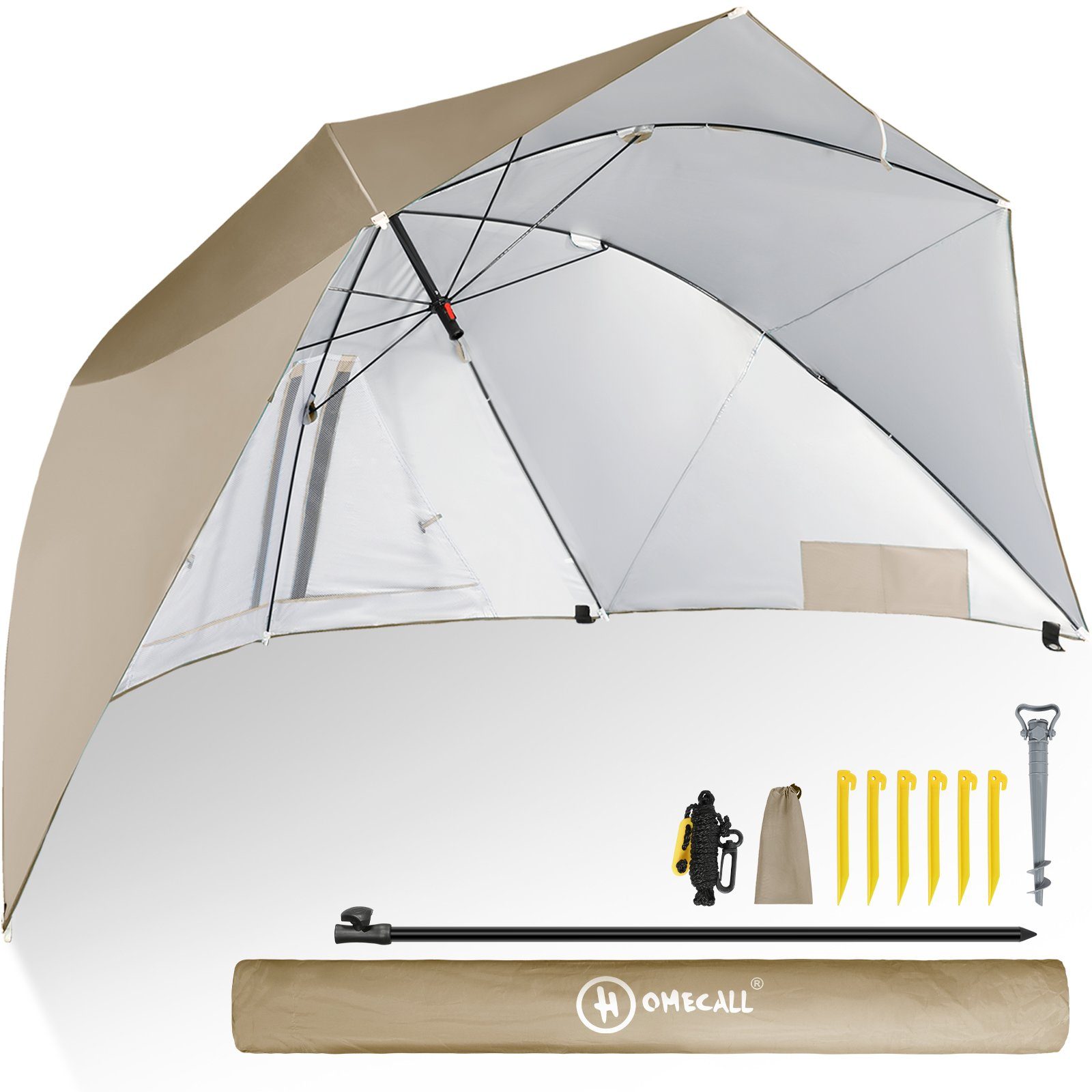 HOMECALL Strandmuschel mit umbrella system UV-resistentes 50+ Khaki,  Umfunktionieren zum Sonnenschirm Strandschirm, für 2-3 Personen