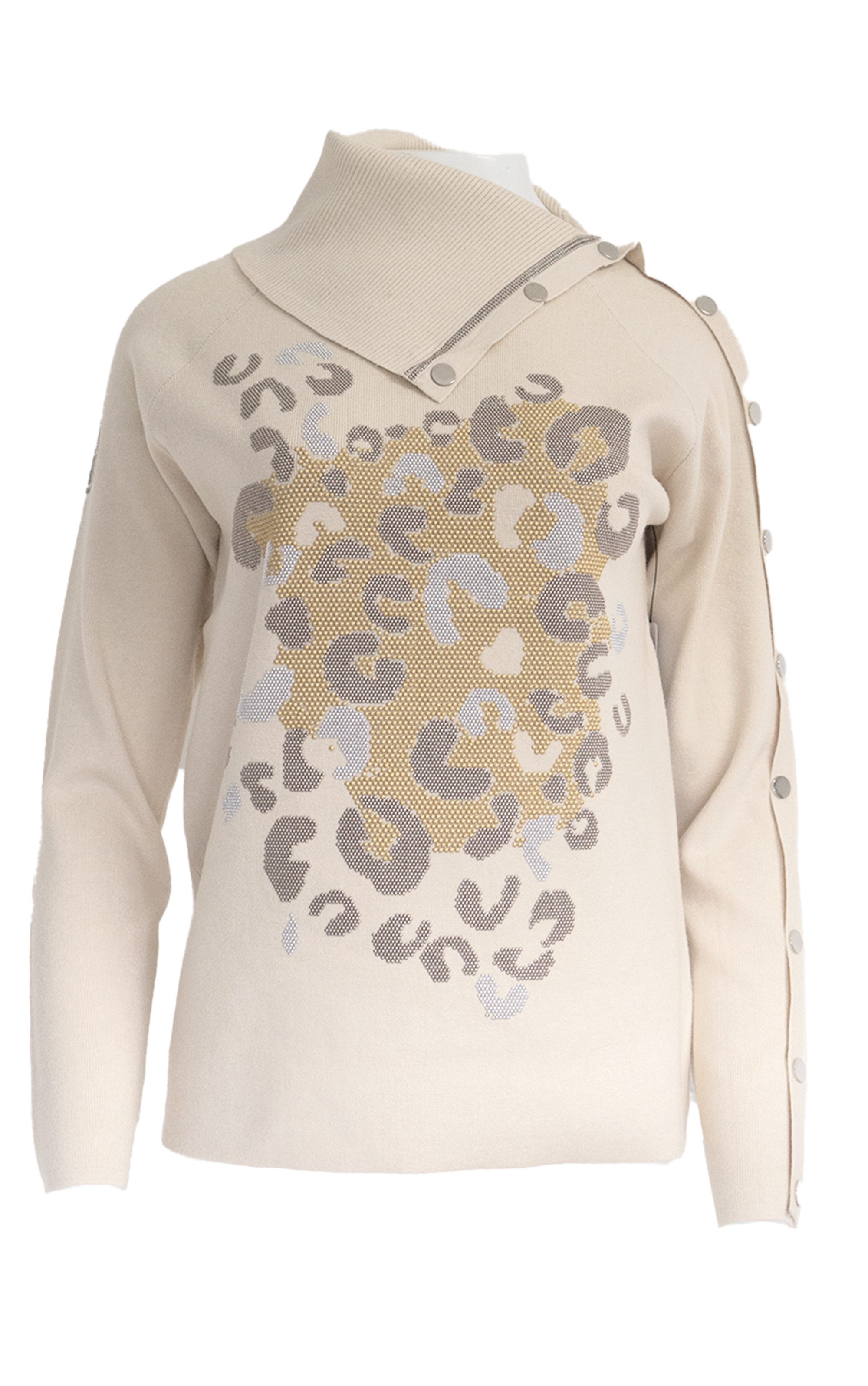 Strickpullover mit Schalkragen und Leopardenmuster aus Strasssteinen