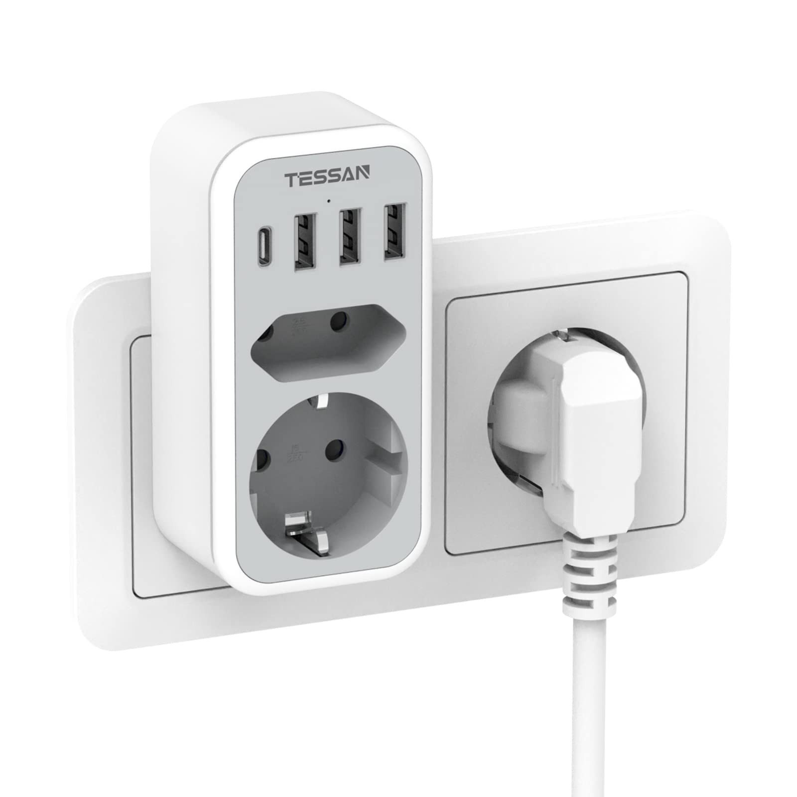 TESSAN 2fach Steckdosenadapter 3600W, Doppelstecker für Steckdose mit 4 USB Mehrfachsteckdose 2-fach (3600W Mehrfachstecker, USB-Anschlusse)