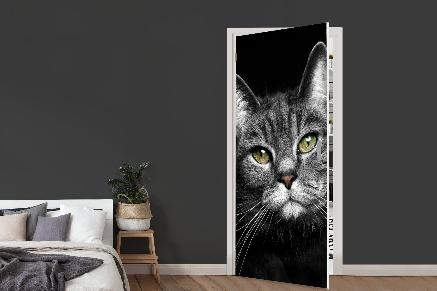 Schwarz Weiß, Fototapete - bedruckt, Türaufkleber, St), Katze für Matt, Türtapete 75x205 cm - Tür, Haustiere Tiere - - (1 MuchoWow