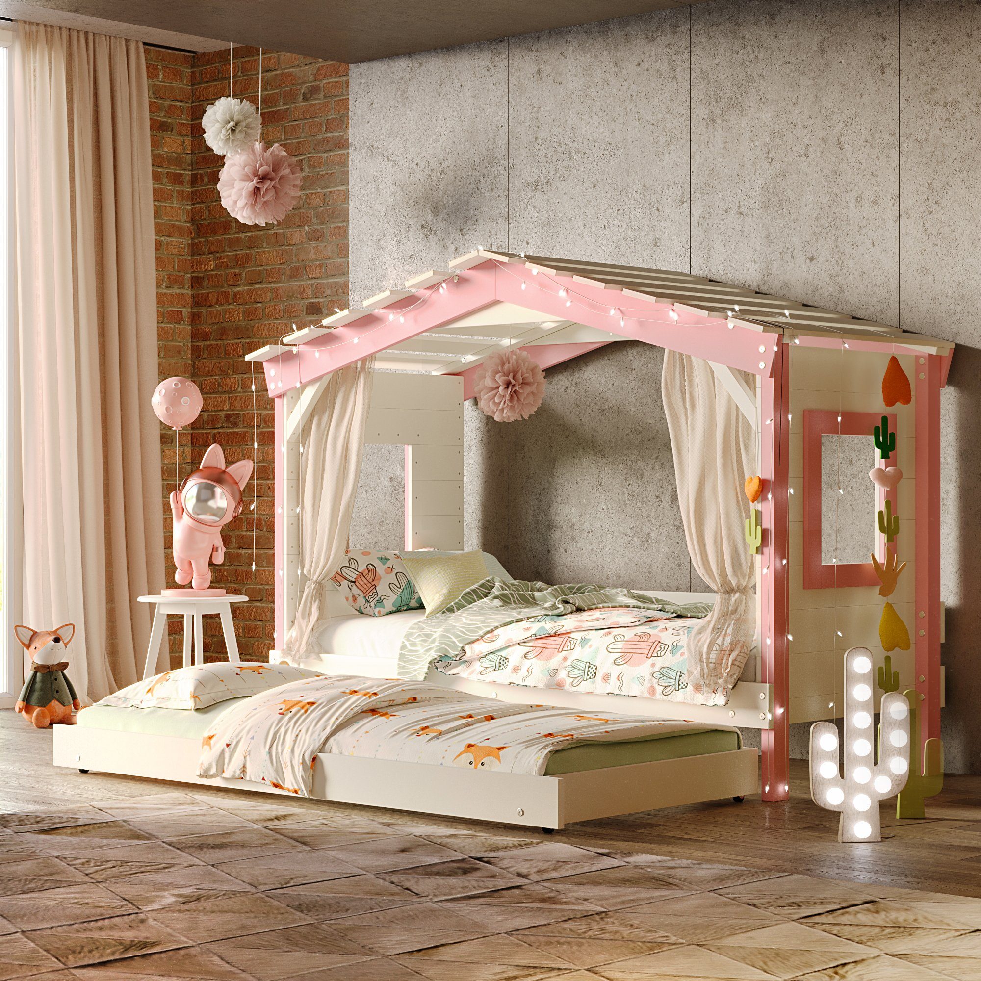 bibex Kinderbett DOLCE NIDO Kinderbett, Spielbett, Jugendbett, Spielhaus, Weiss/Rosa