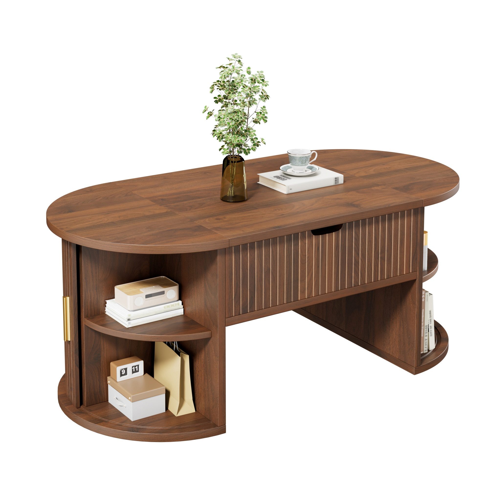 BlingBin Couchtisch Höhenverstellbarer Kaffeetisch Beistelltisch mit Offene Regale (1er Set, 1-St., Gesamtabmessungen: 100 L x 50 B x 40,5 H(cm), Gewichtskapazität: 60kg), Sofatisch mit Versteckter Stauraum und Schiebetüren für Wohnzimmer