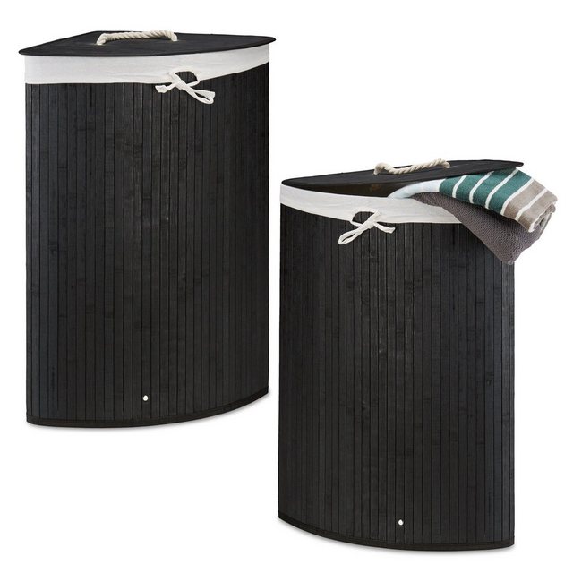 relaxdays Wäschekorb “2 x Eckwäschekorb Bambus schwarz”