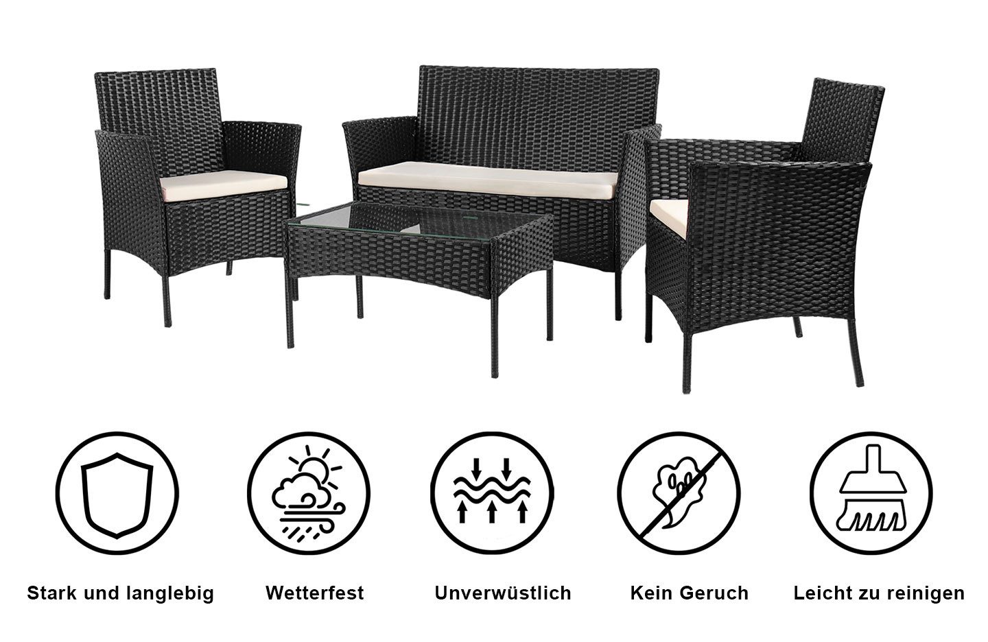 Vankel Sitzgruppe Sitzgruppe für 4 Personen Outdoor-Sonnenschein, 2 Sessel, mit Tisch, Sitzpolster, Outdoor