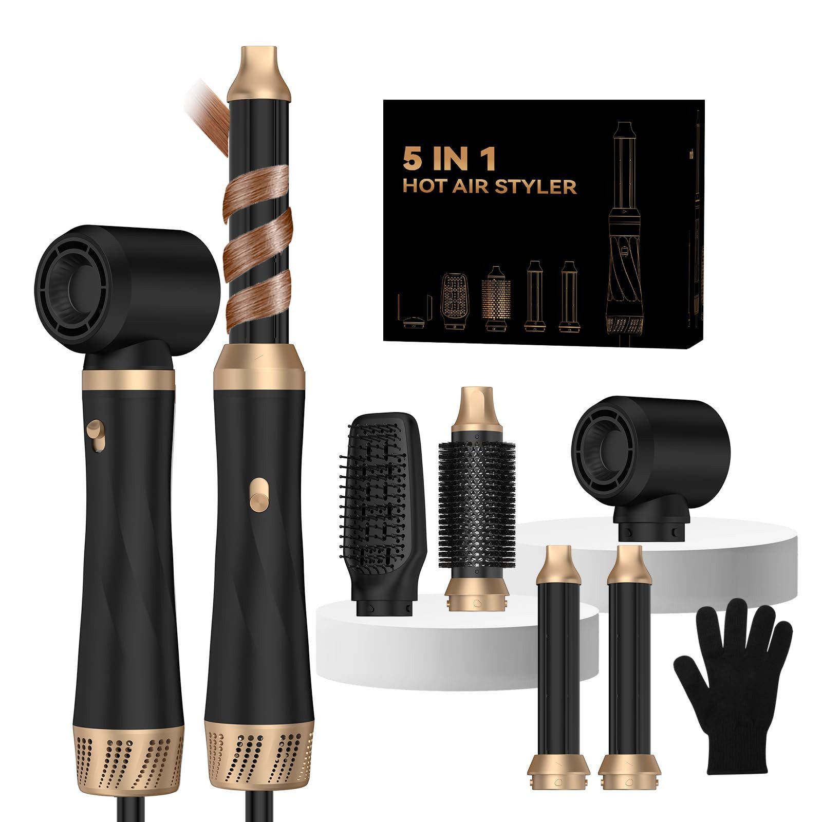 UKLISS Multihaarstyler 5-in-1 Haarstyler, Rundbürste, Haartrockner, Lockenstab und Glätteisen, 3 Temperaturstufen für Volumen, Glätten, Locken und Föhnfrisuren