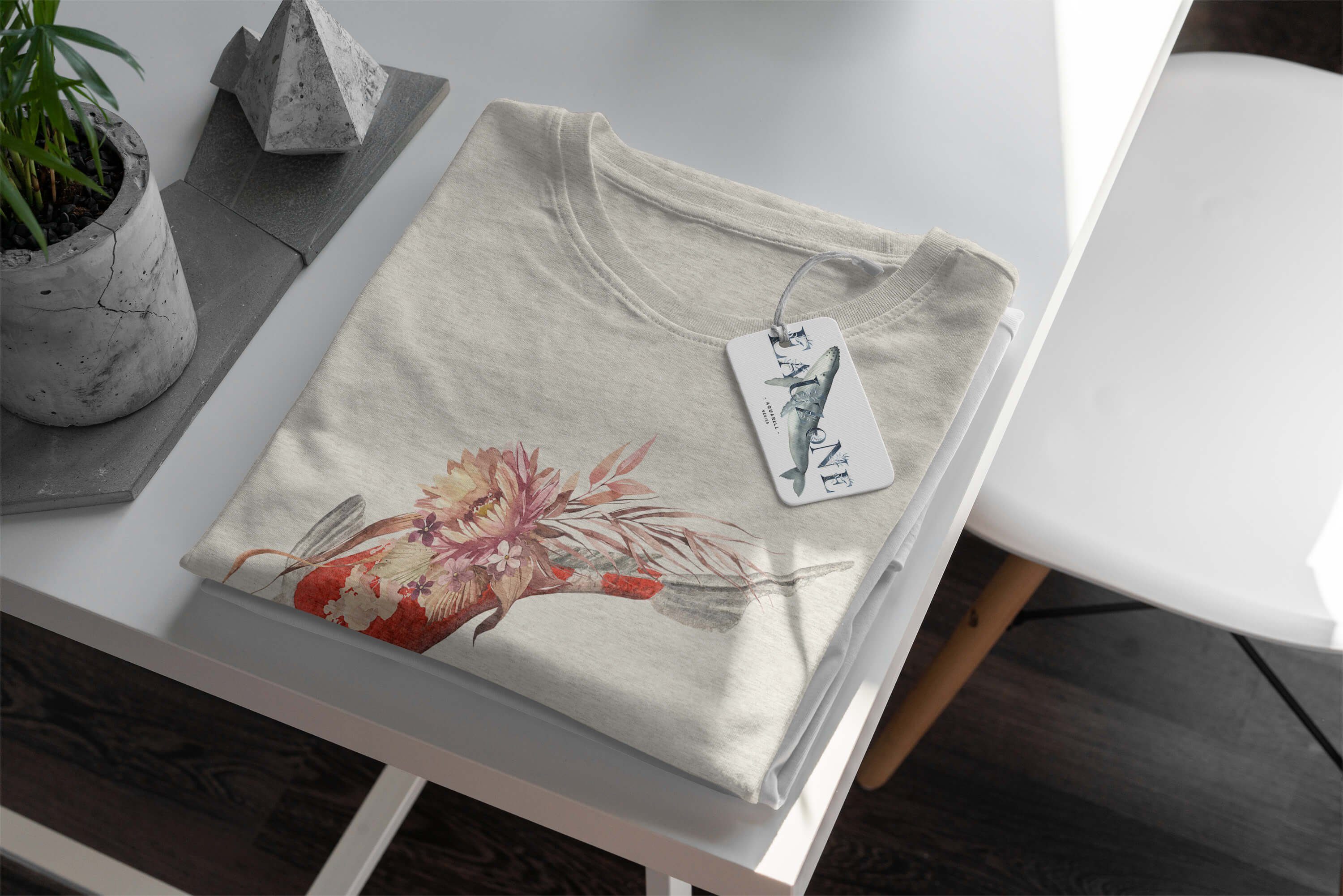 Motiv Sinus Herren Nachhaltig a 100% (1-tlg) Art Bio-Baumwolle Koi Shirt Ökomode Wasserfarben T-Shirt T-Shirt Blumen gekämmte