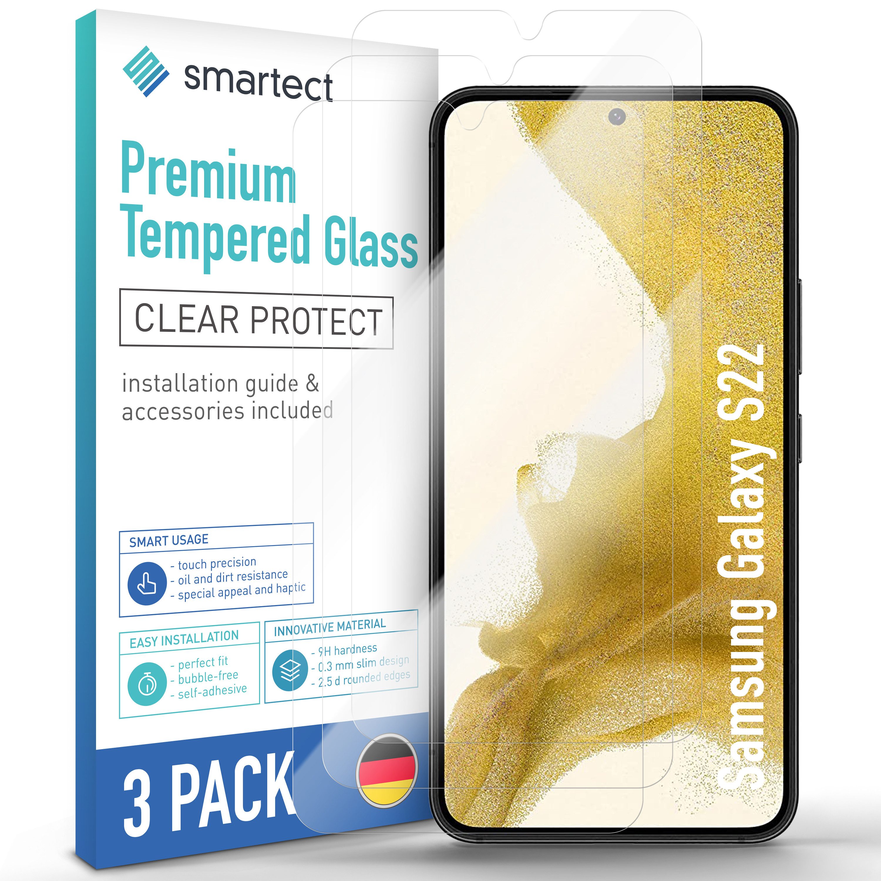 smartect Displayschutzglas Schutzglas Panzerfolie Klar für Samsung Galaxy S22, Set, 3 Stück, Schutzfolie Glasschutz Bildschirm