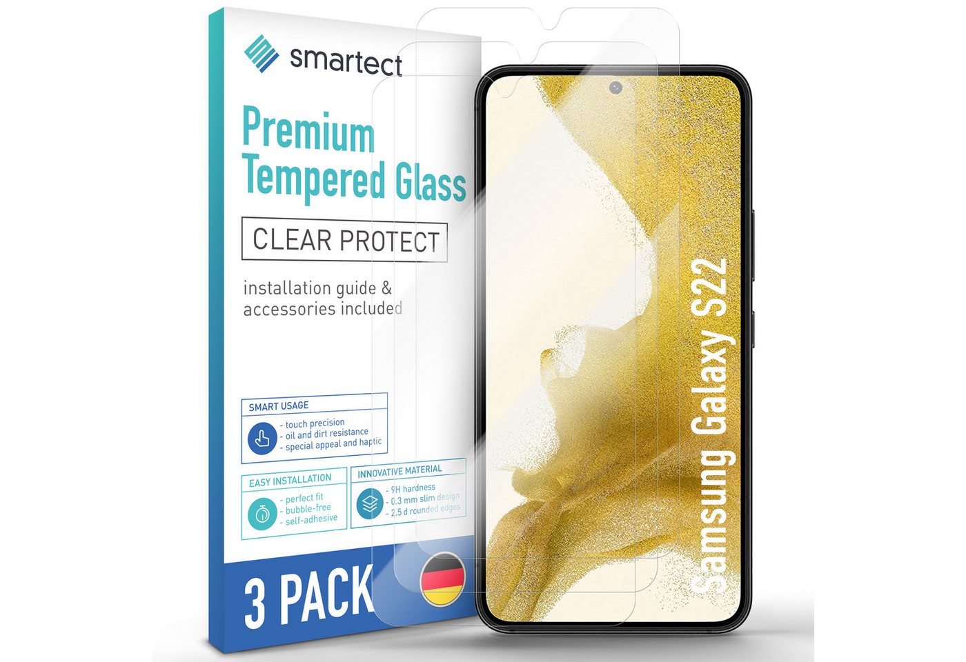 smartect Displayschutzglas 3X Schutzglas Panzerfolie Klar für Samsung Galaxy S22 für Samsung Galaxy S22, Set, 3 Stück, 0.3 mm Ultra-klar, 9H Härte, Kratzfest, Stoßfest, Blasenfrei, Oleophob
