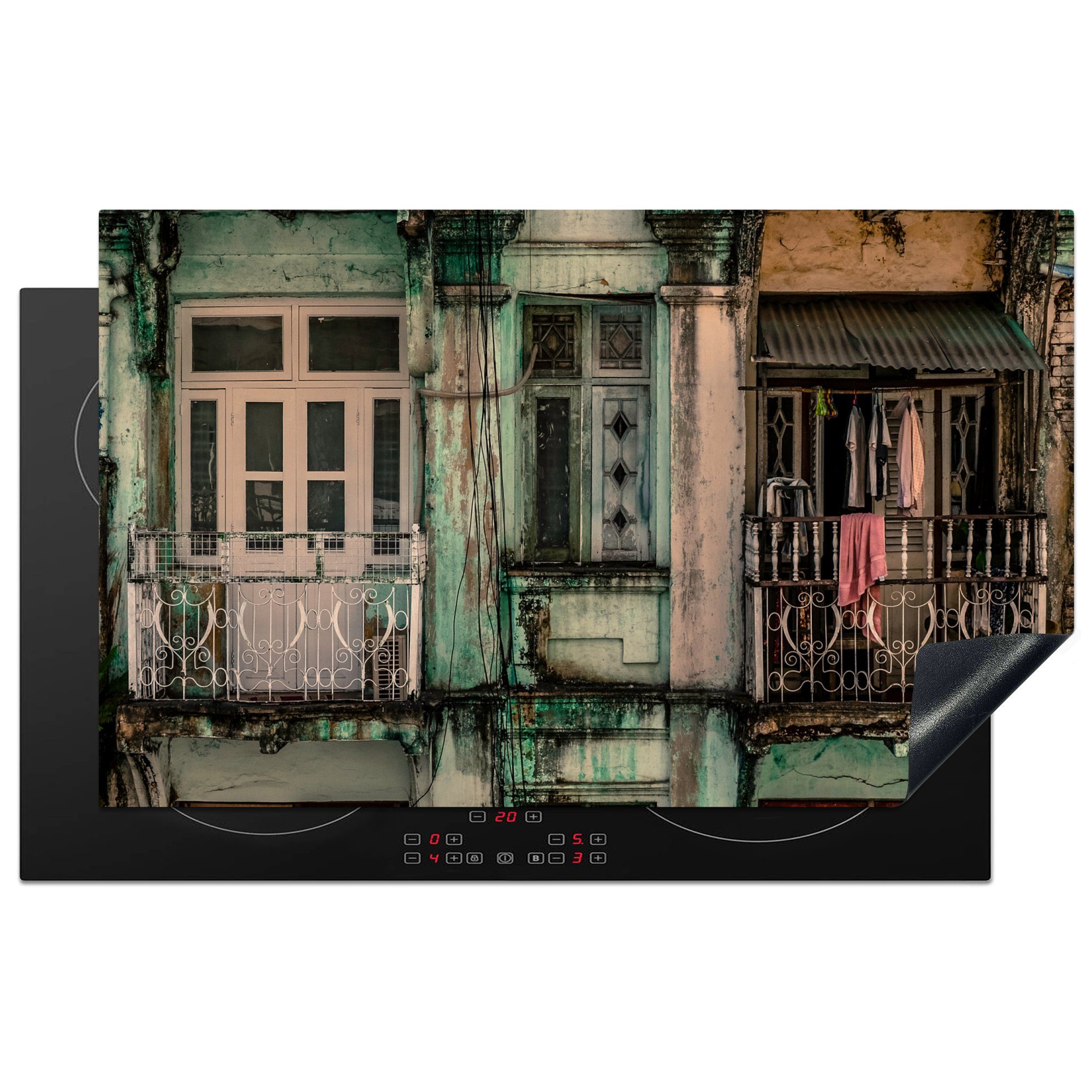 Herdblende-/Abdeckplatte (1 cm, für Wohnungen küche Türen Ceranfeldabdeckung, Vinyl, Architektur, Arbeitsplatte - 83x51 MuchoWow - Vintage - tlg),