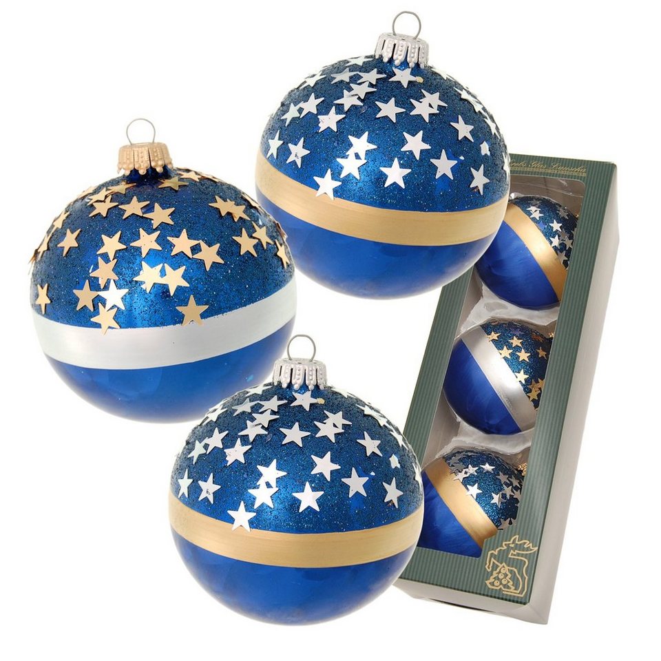 Krebs Glas Lauscha Christbaumschmuck Cobalt Blau glanz 8cm  Glaskugelsortiment 3-fach, mundgeblasen, handbem (3-tlg)