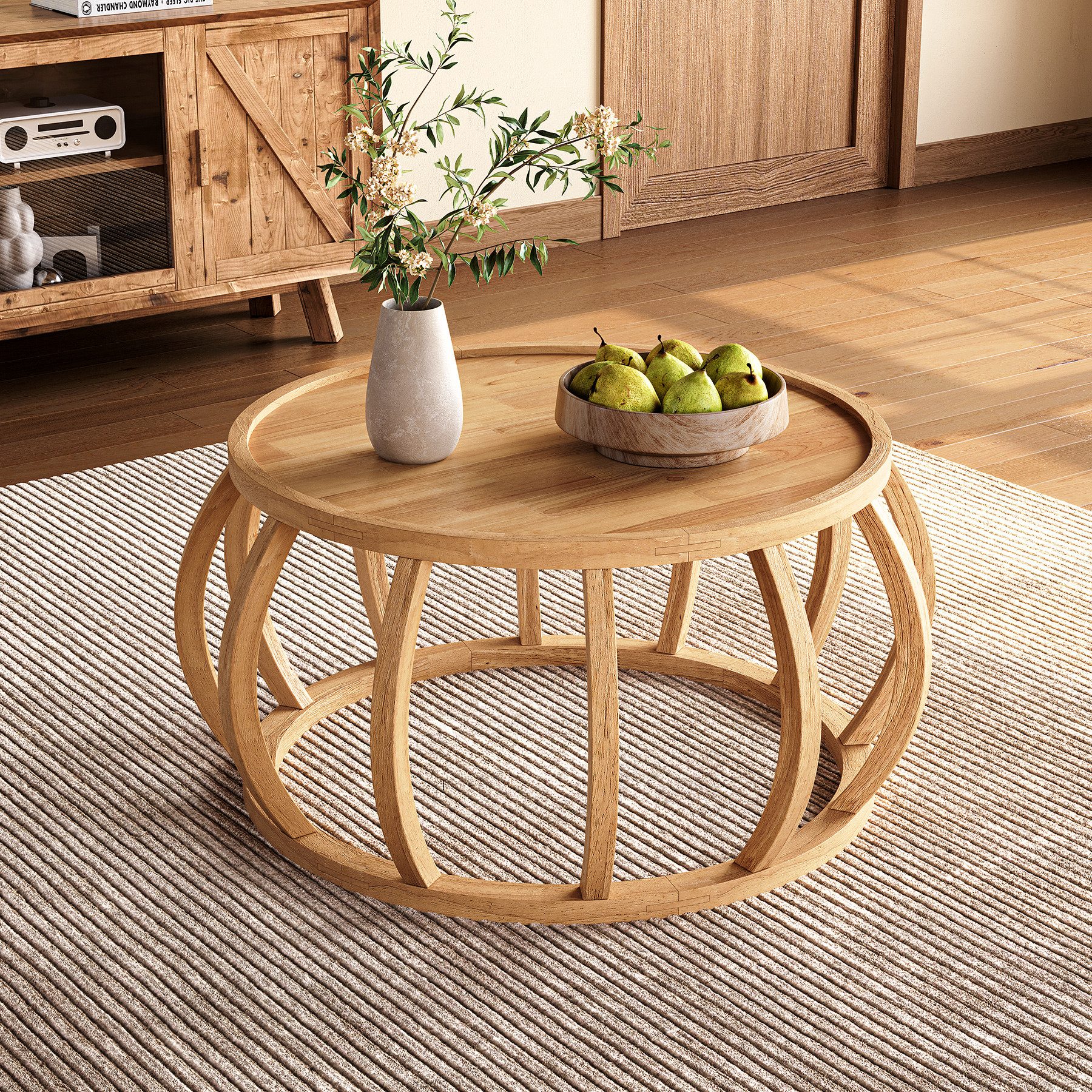 Tribesigns Couchtisch aus Massivholz, 80 cm Rund Wohnzimmertisch mit Gebogenem Rahmensockel – Bild 4 von 5