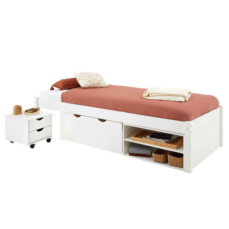 IDIMEX Funktionsbett, Schubladenbett Einzelbett Bett mit Stauraum Holzbett - Kiefer Weiß