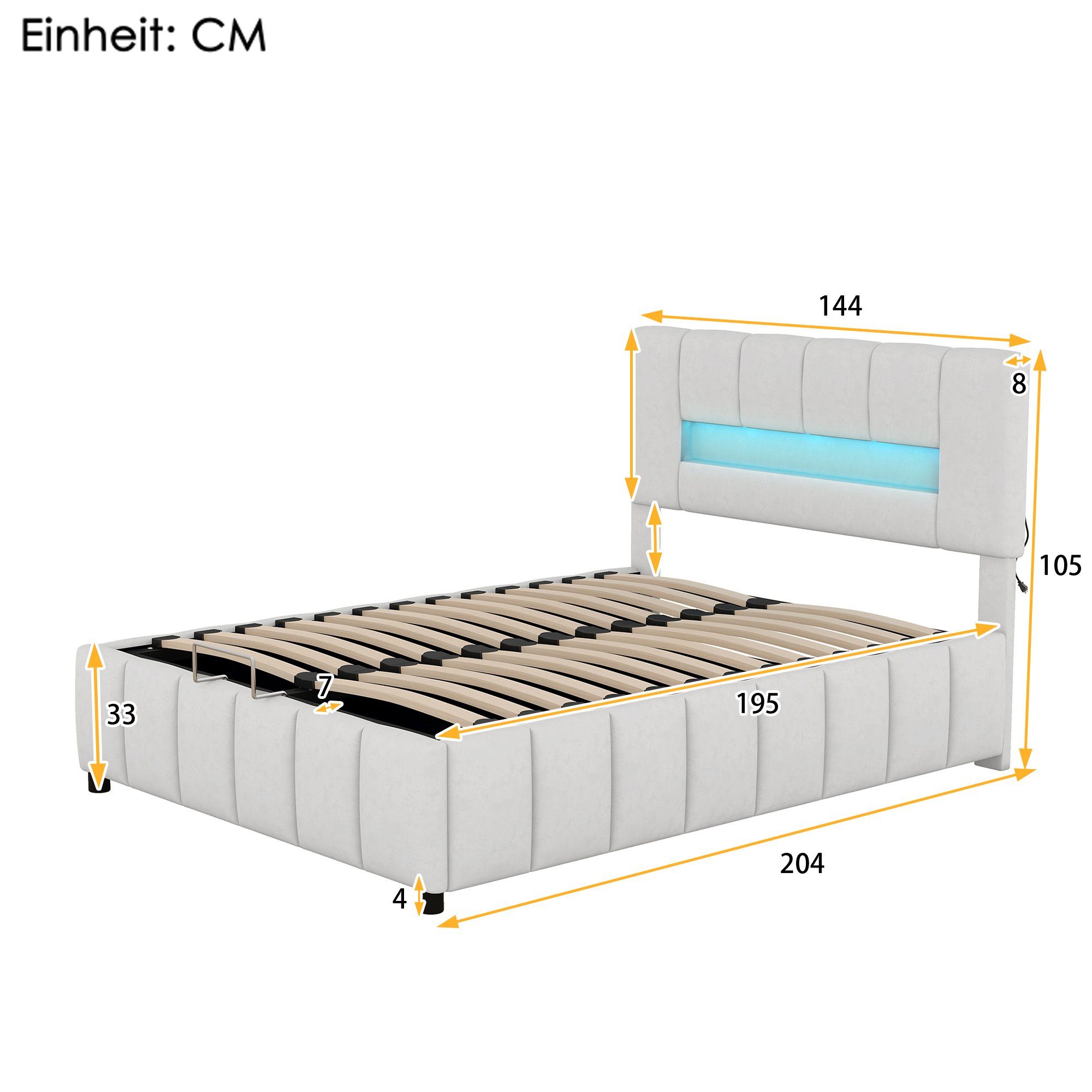 Merax Polsterbett mit LED mit | 140x200 Grau Grau Samtbezug, Doppelbett Lattenrost, Stauraumbett cm und