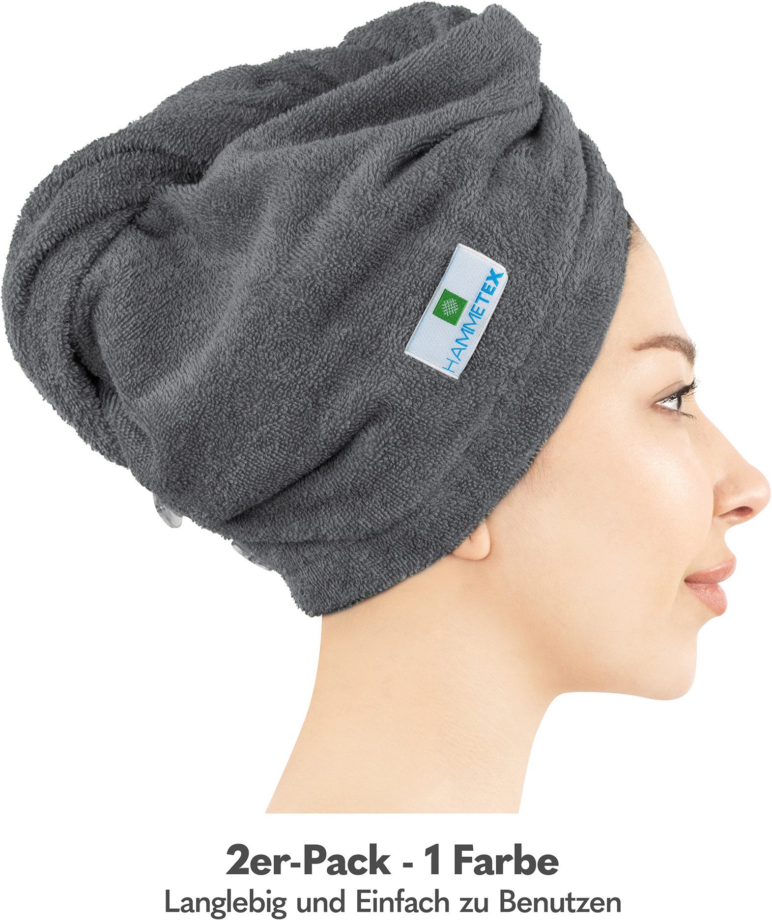 HAMMETEX Turban-Handtuch 2er Set Haarturban Damen, 100% Baumwolle, Flauschig & Schnelltrocknend, Frottier (Set, 2-St), Uni-Farben, weich – Bild 2 von 5