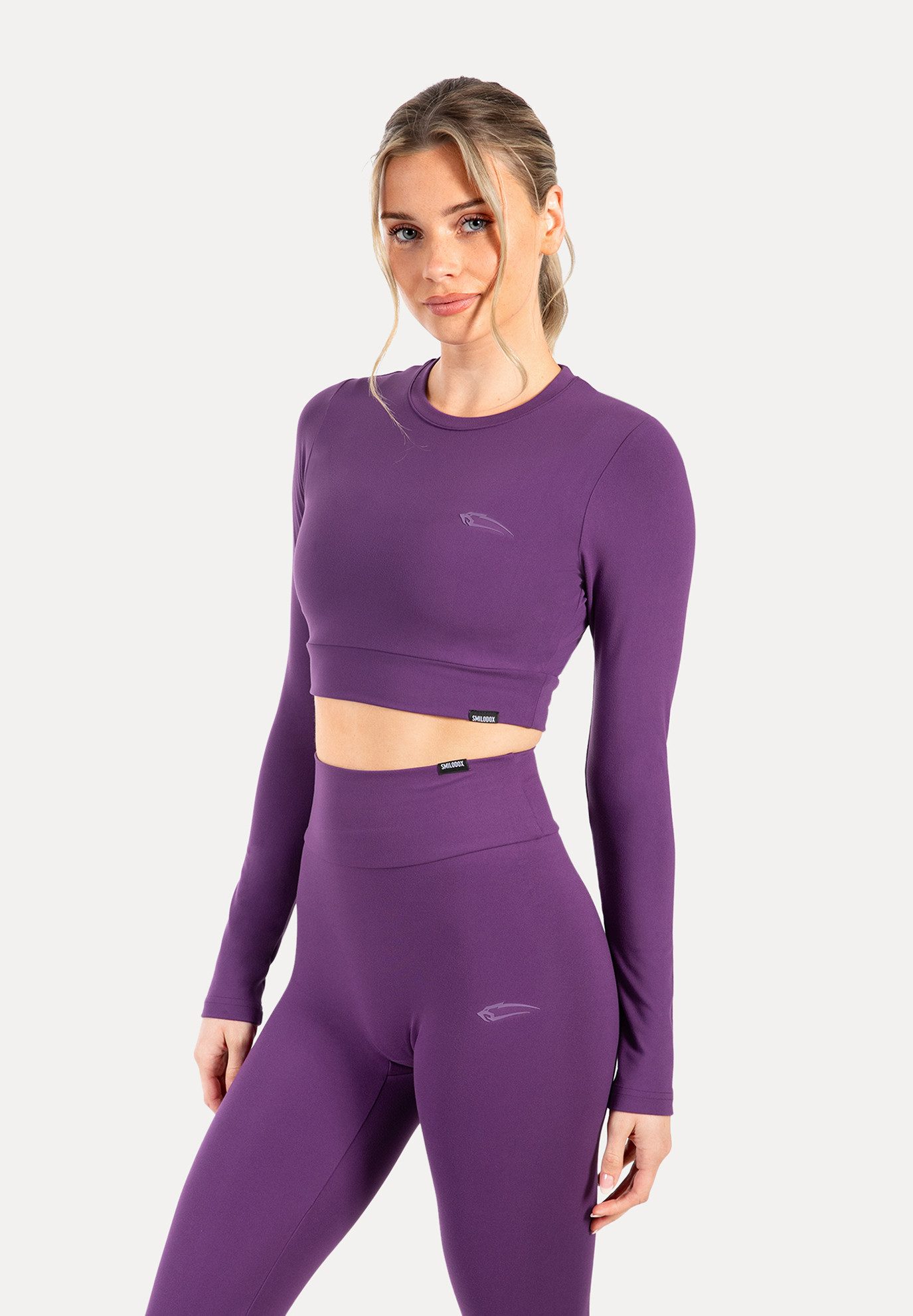 Smilodox Longsleeve Thalina, Langarmshirt bauchfrei mit 3D Rubber Print Rundhalsausschnitt Elastischem Material Trainingsshirt Sport Yoga Alltag Gym Fitness