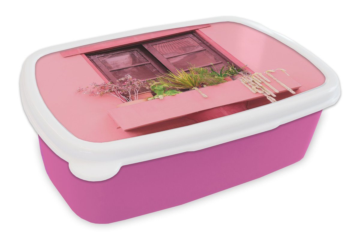 MuchoWow Lunchbox Fenster - Pflanzen - Rosa - Pflanzgefäß, Kunststoff, (2-tlg), Brotbox für Erwachsene, Brotdose Kinder, Snackbox, Mädchen, Kunststoff