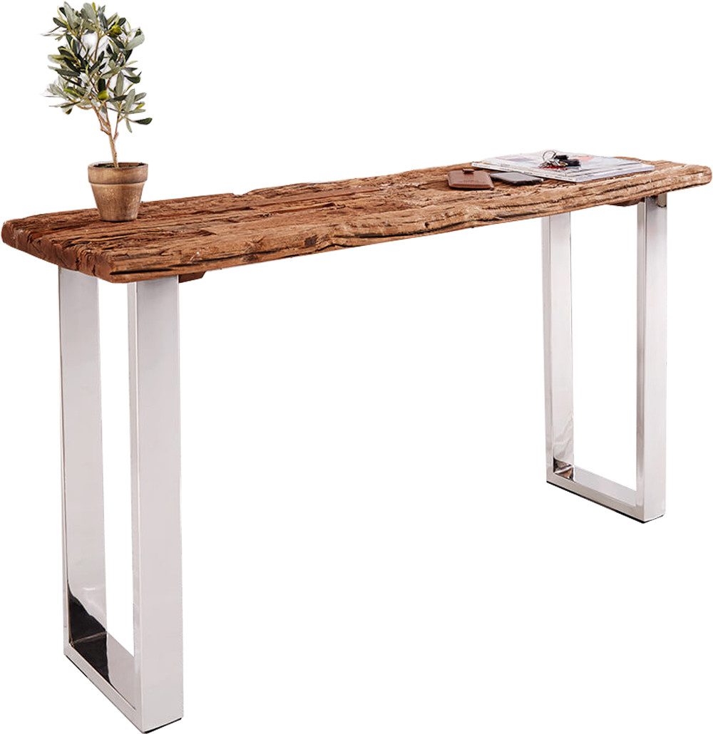 DELIFE Beistelltisch Gravio, Altholz Braun 140x40 cm Gestell Edelstahl poliert Konsole