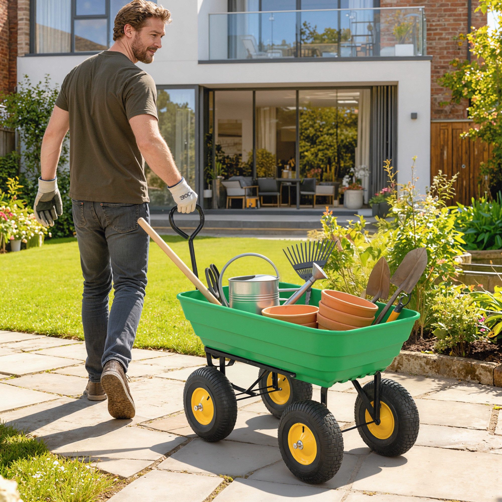 Outsunny Bollerwagen Transportwagen mit Kippfunktion bis 200 kg, Gartenkarre Dumper (Handwagen, 1-tlg., Gartenwagen), für Gartenarbeit Rasen Dunkelgrün