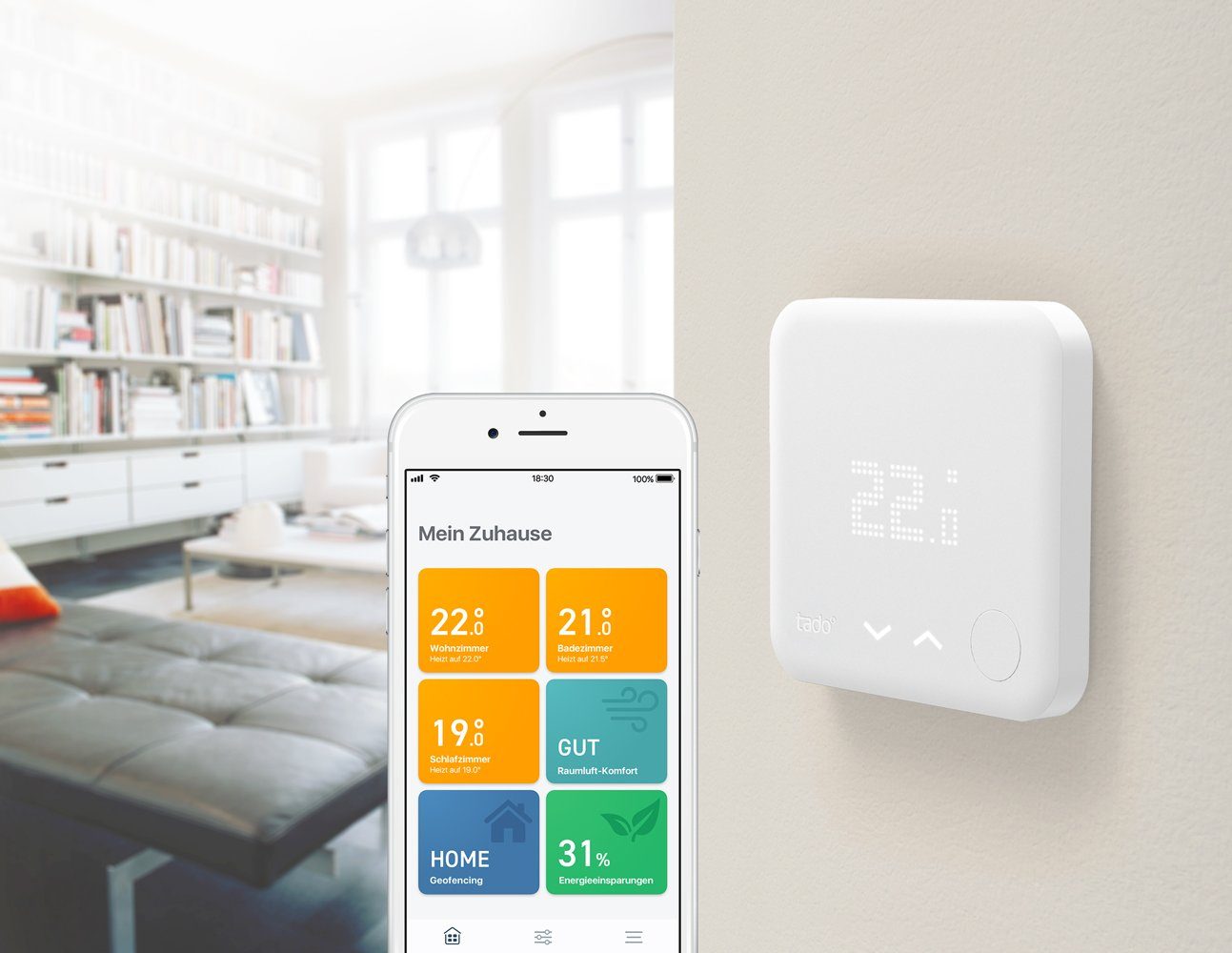 Tado + für V3+ (1 weiß Kit Starter Heizthermen St) Smartes FBH, - Heizkörperthermostat Thermostat (Verkabelt)