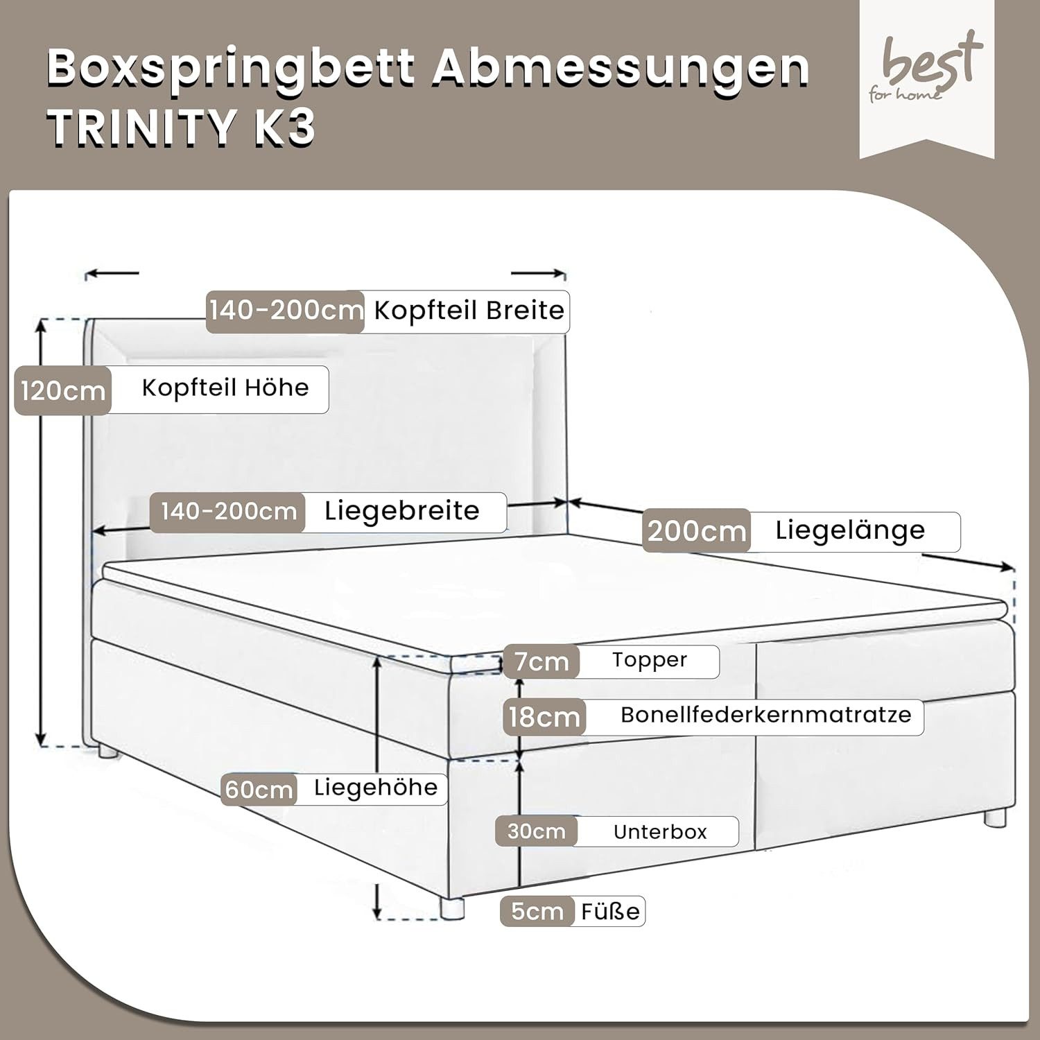 Best for Home Boxspringbett mit Bettkasten Trinity K-3 Bonellfederkern inkl. Komfort Topper H3 (Komplettbett, 1-St., 140x200 160x200 180x200 200x200 cm), rgonomischer Schlafkomfort, druckentlastender Topper, modernes Design