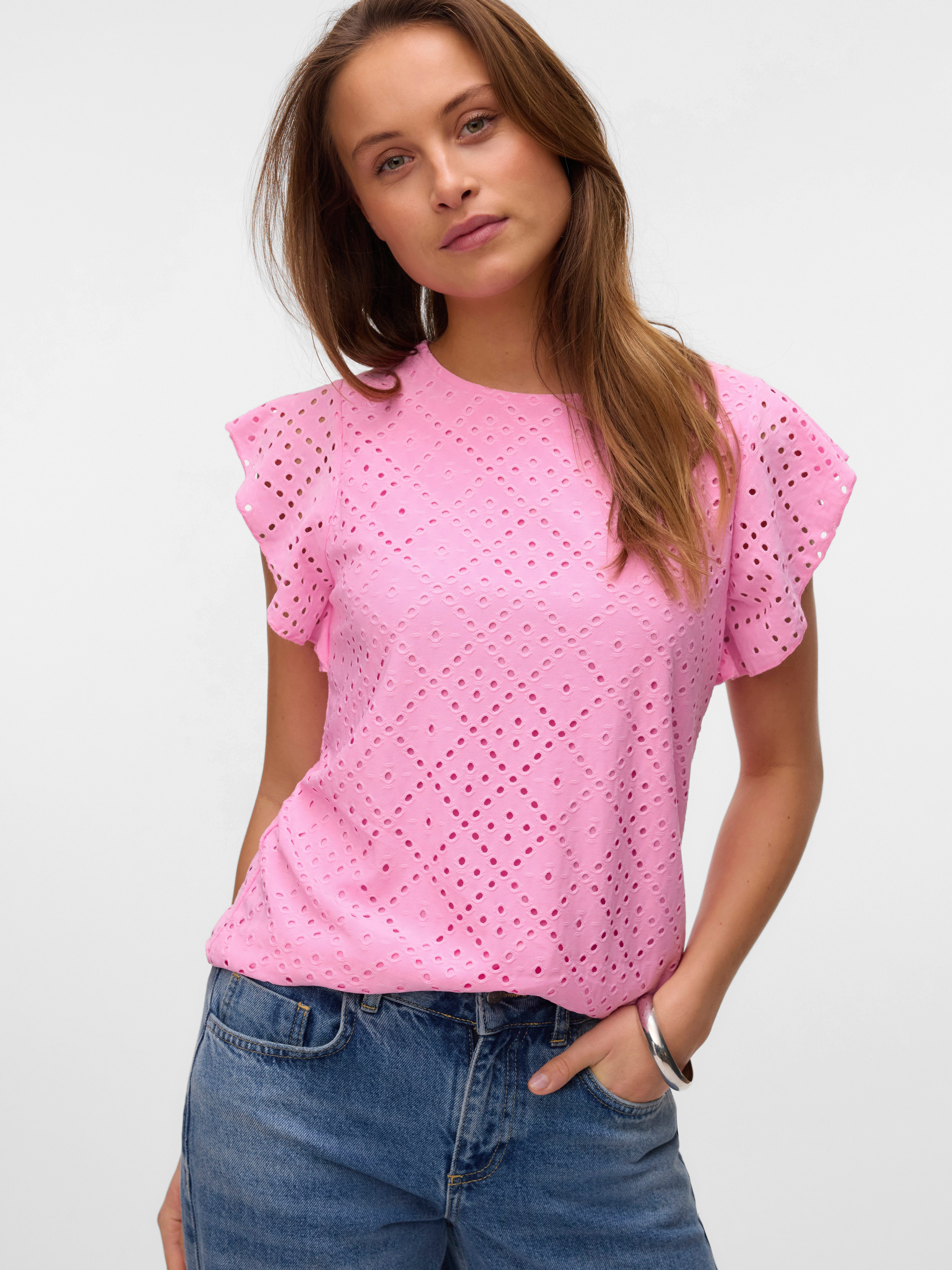 Vero Moda Rundhalsshirt VMTASSA SL FRILL TOP NOOS Materialmix, loose fit günstig online kaufen