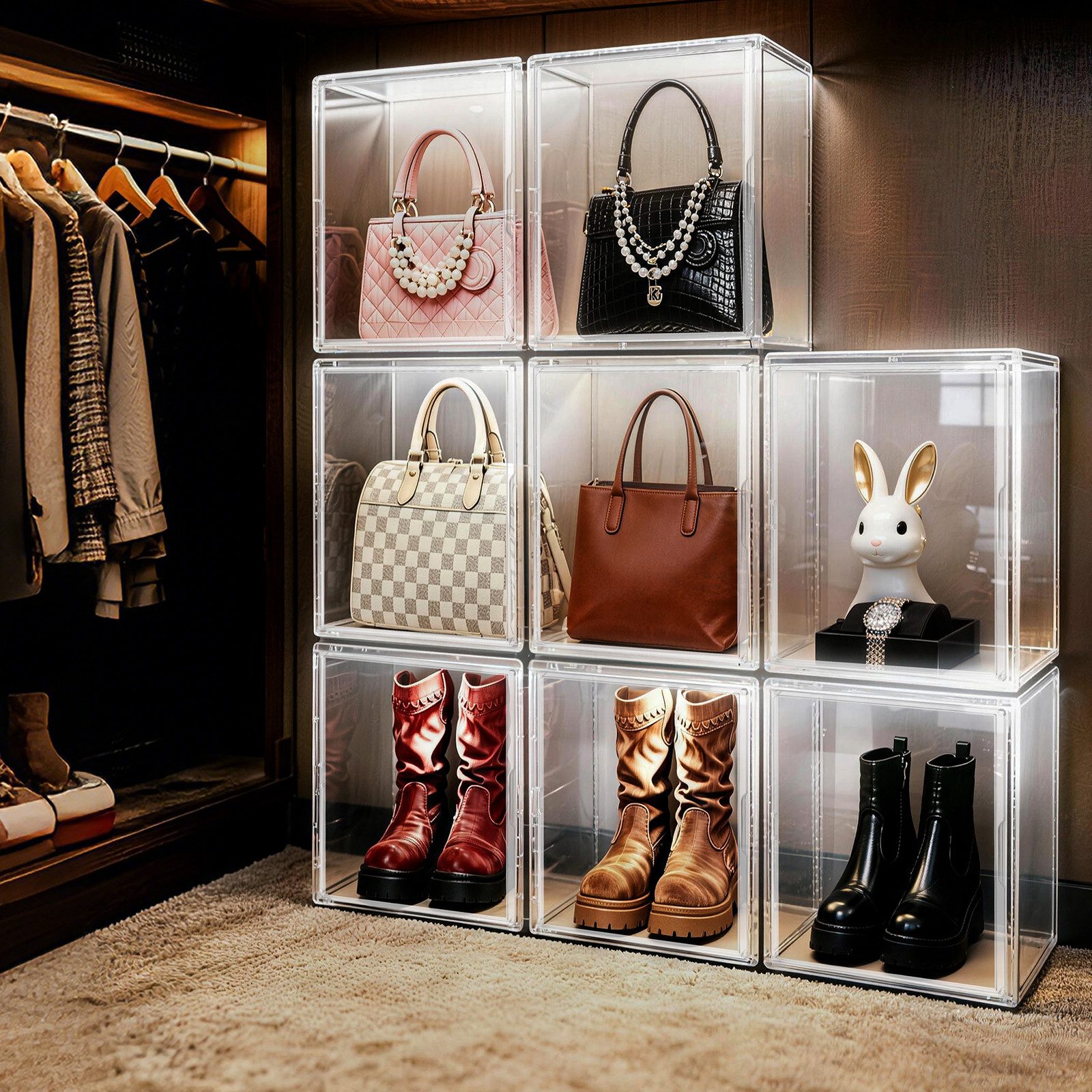 XIIW Aufbewahrungsbox LED Vitrine Transparente Schuhboxen Displaybox Organizer Schaukasten (Set, 2 St., 44×33×33cm Stapelfähig mit Magnettür), für Modelle Spielzeug Handtasche Sammelfiguren
